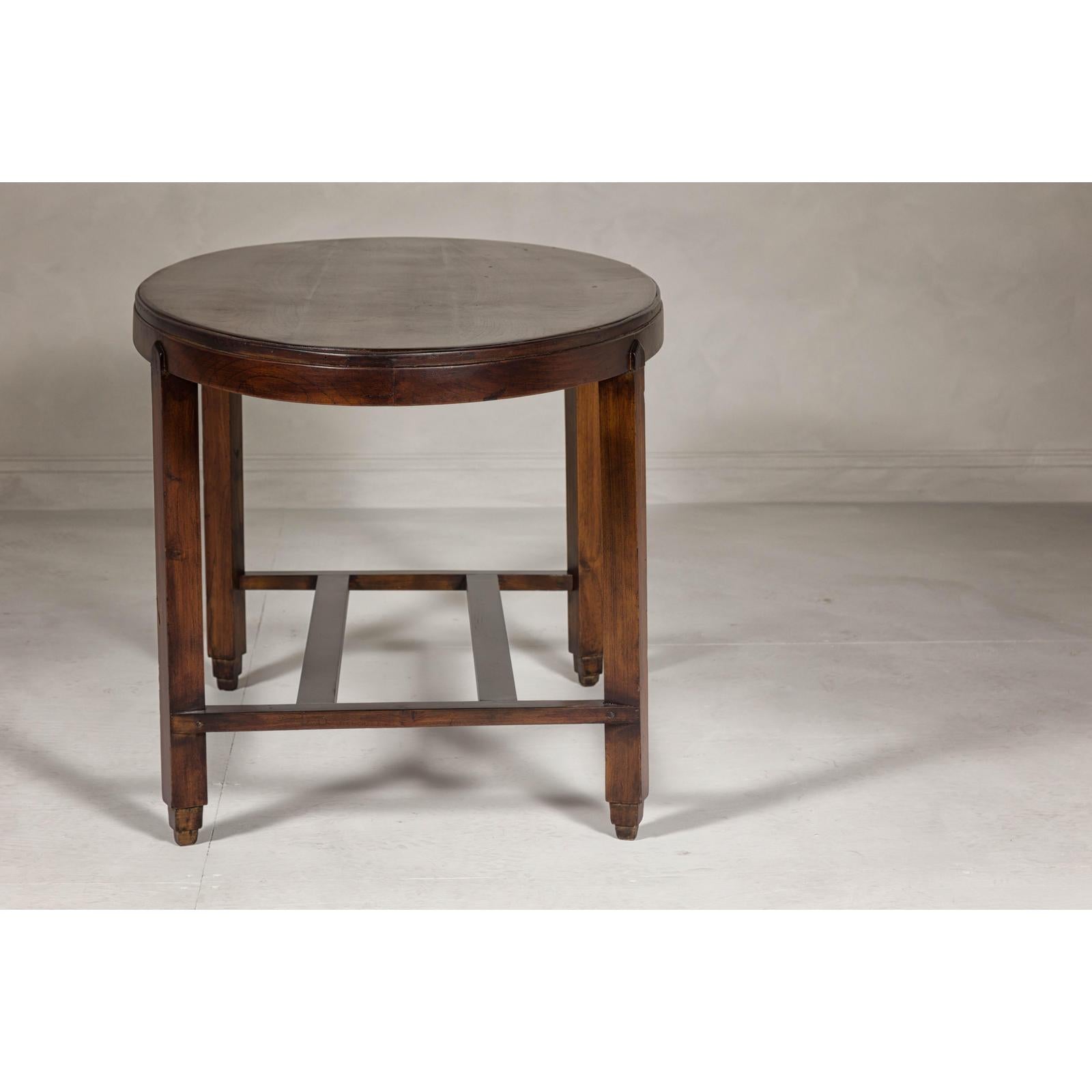 Oval Top Center Table with Inverted Stepped Pyramid Feet and Cross Stretcher