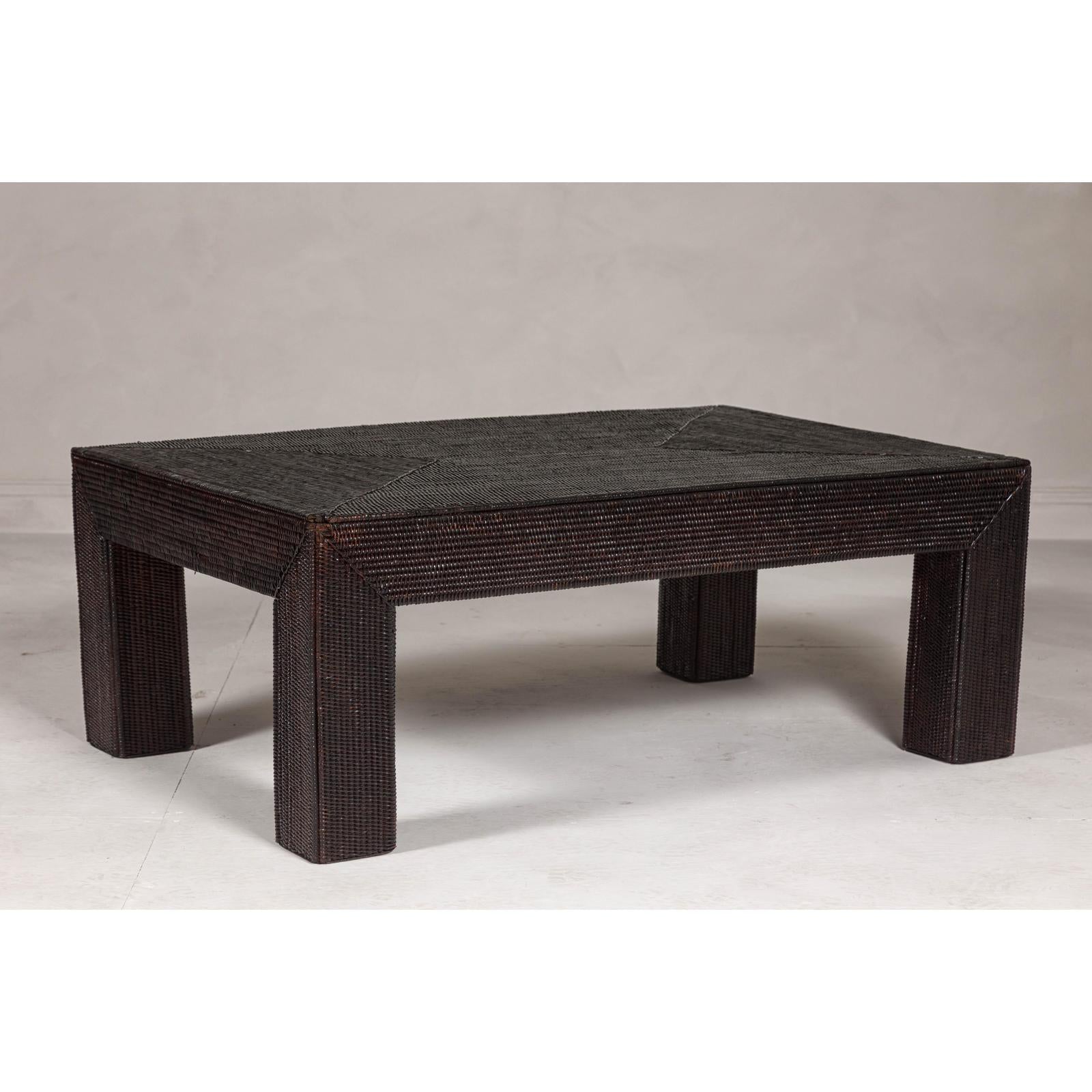 Woven Rattan Country Style Parsons Legs Coffee Table with Dark Brown Finish