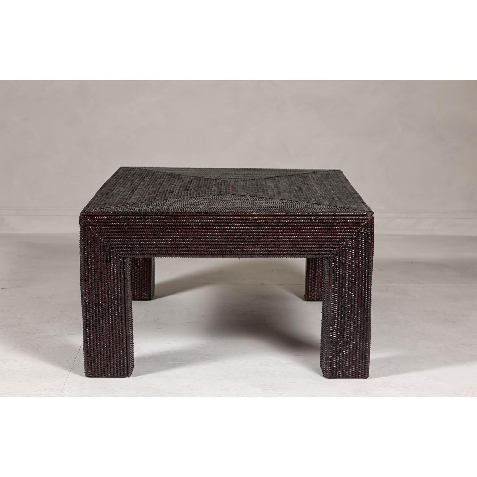 Woven Rattan Country Style Parsons Legs Coffee Table with Dark Brown Finish