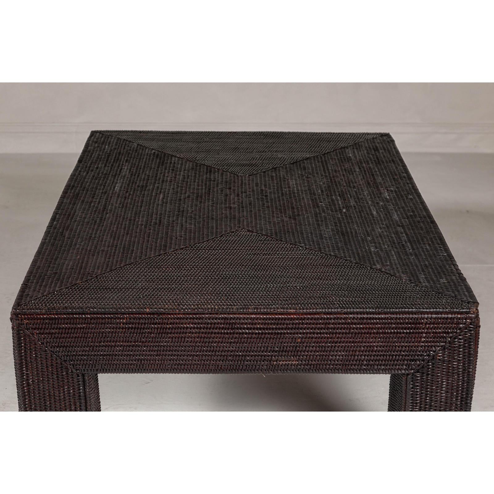 Woven Rattan Country Style Parsons Legs Coffee Table with Dark Brown Finish