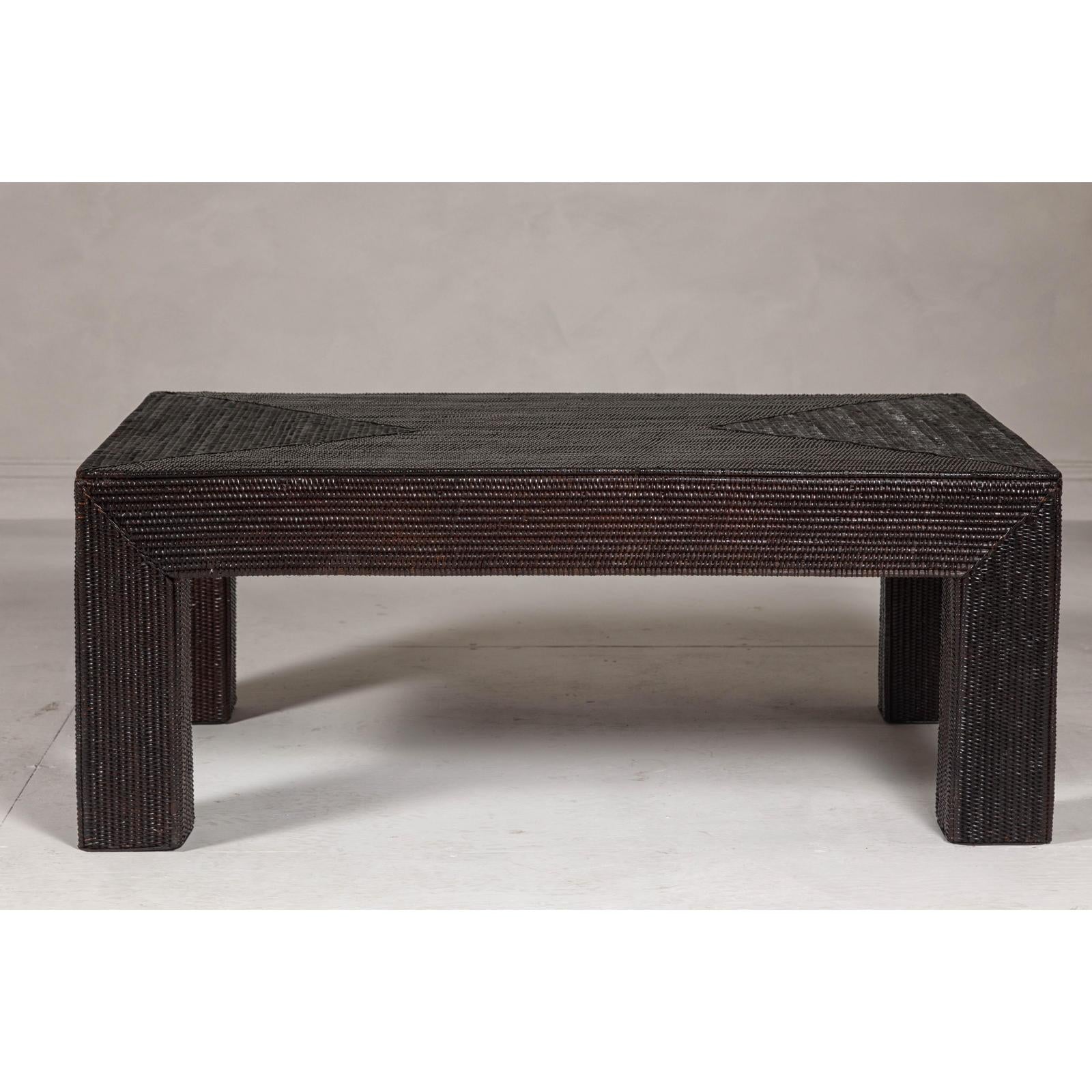 Woven Rattan Country Style Parsons Legs Coffee Table with Dark Brown Finish