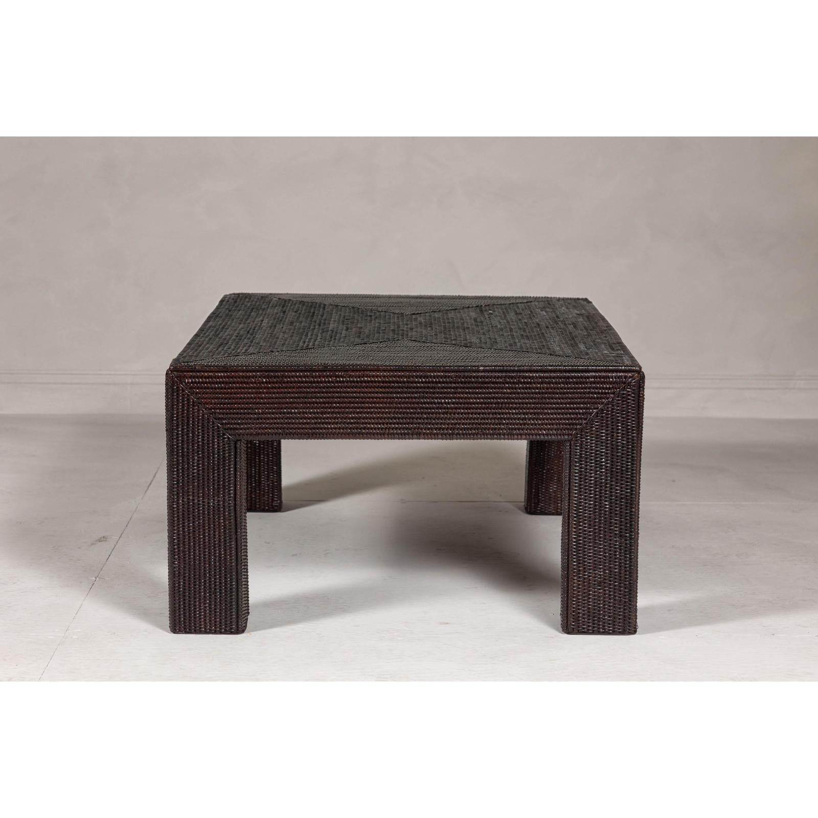 Woven Rattan Country Style Parsons Legs Coffee Table with Dark Brown Finish