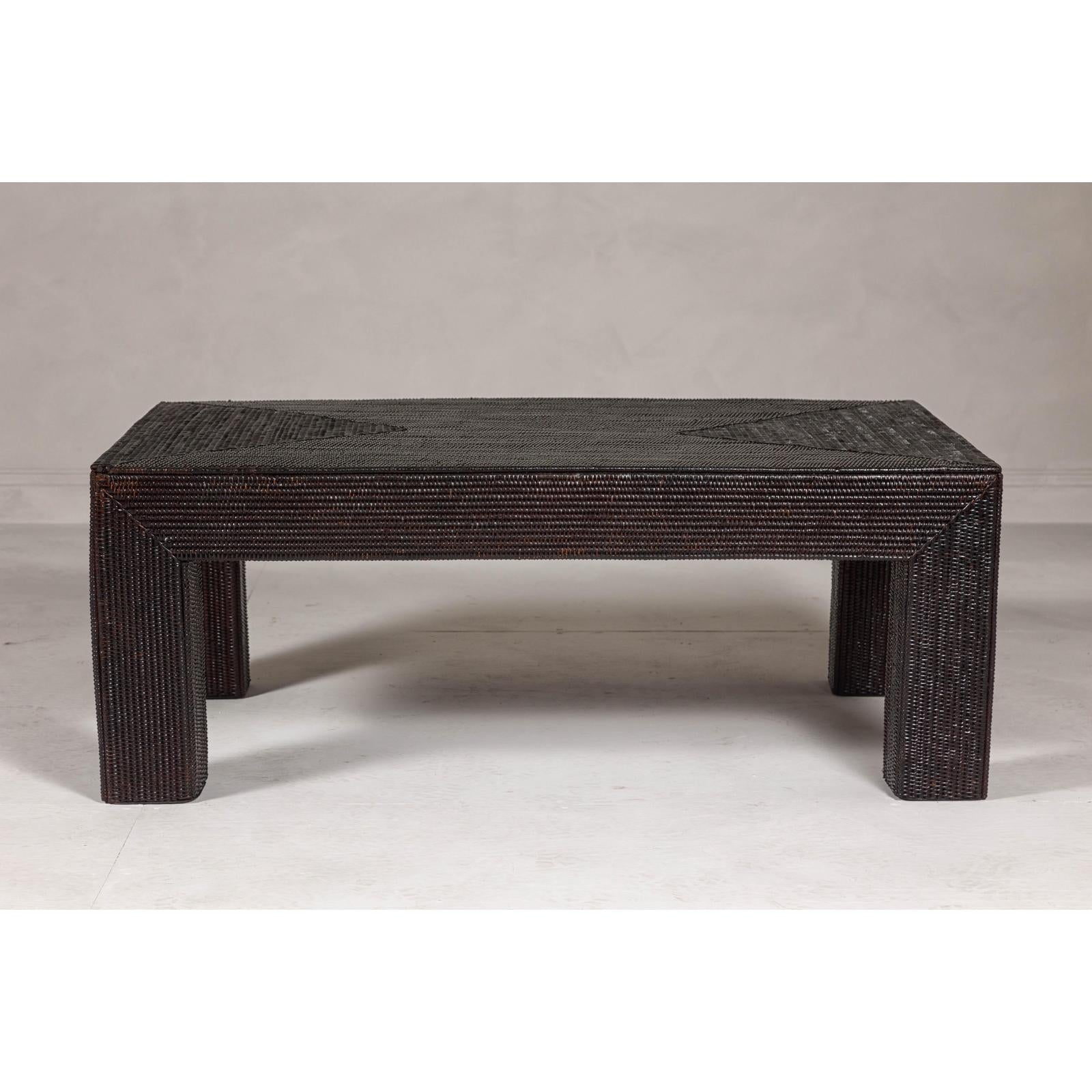 Woven Rattan Country Style Parsons Legs Coffee Table with Dark Brown Finish