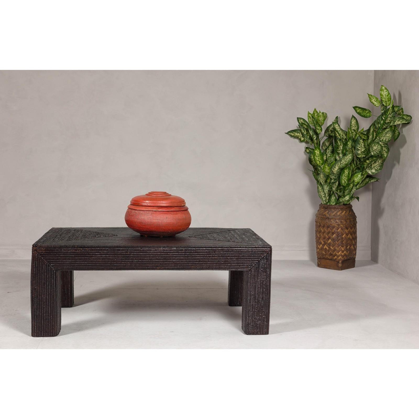 Woven Rattan Country Style Parsons Legs Coffee Table with Dark Brown Finish
