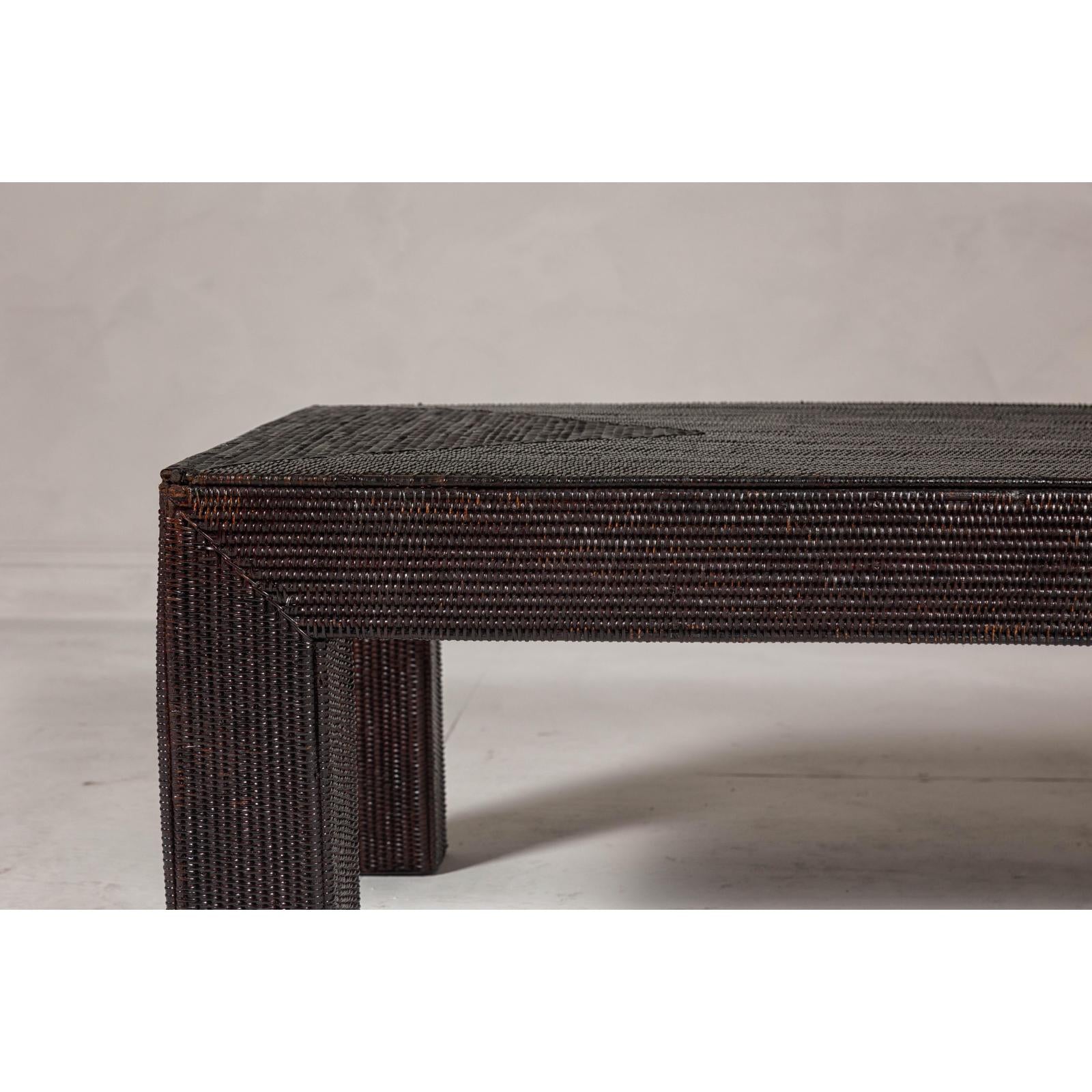 Woven Rattan Country Style Parsons Legs Coffee Table with Dark Brown Finish