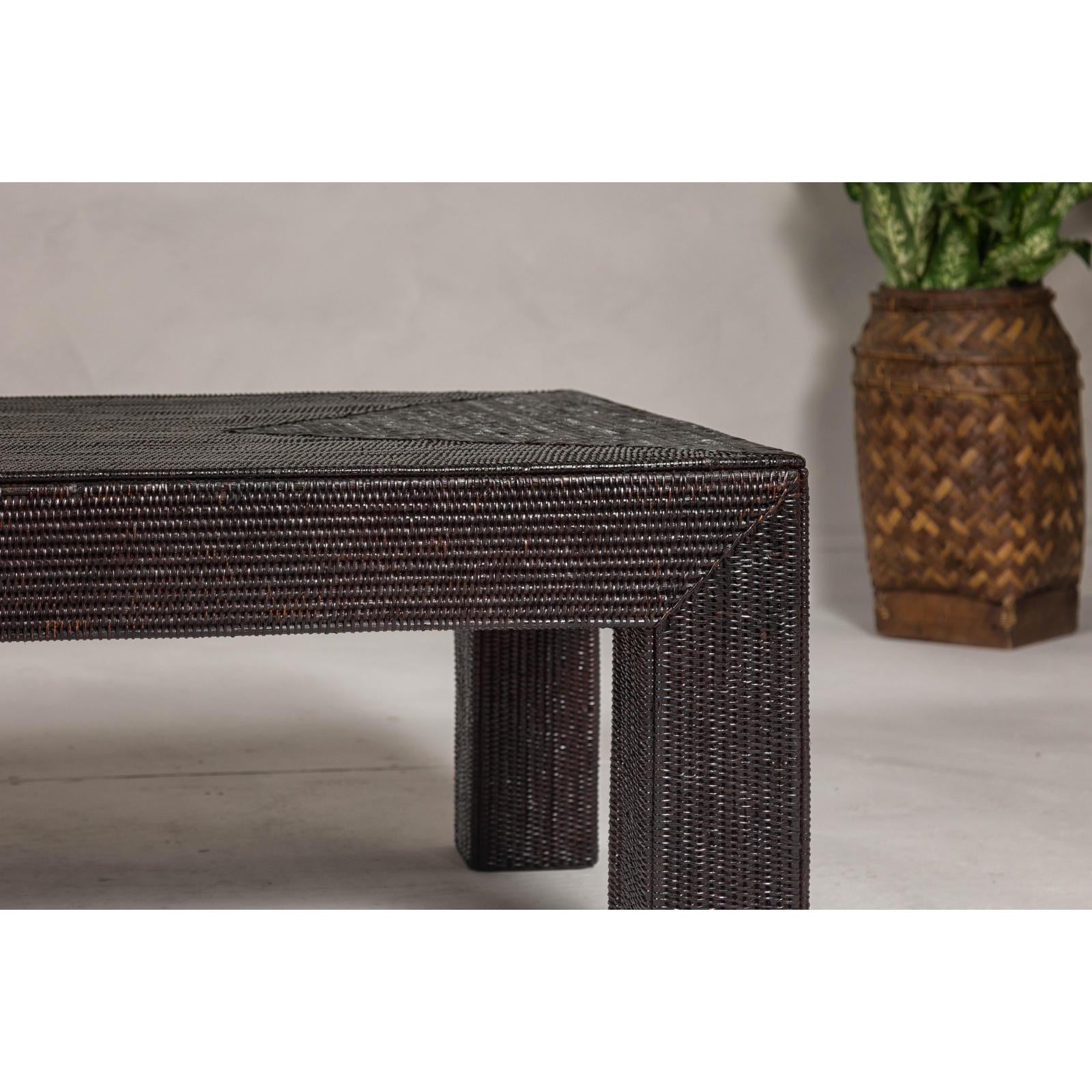 Woven Rattan Country Style Parsons Legs Coffee Table with Dark Brown Finish