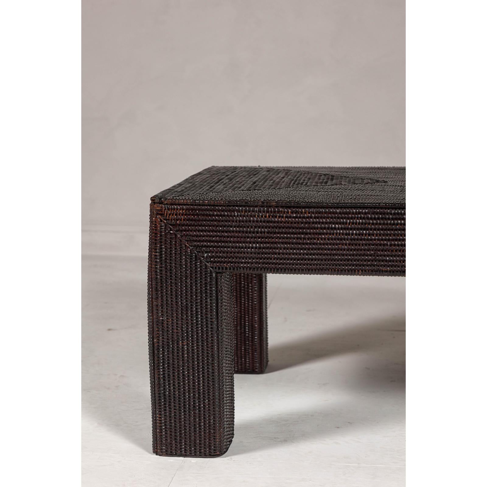 Woven Rattan Country Style Parsons Legs Coffee Table with Dark Brown Finish