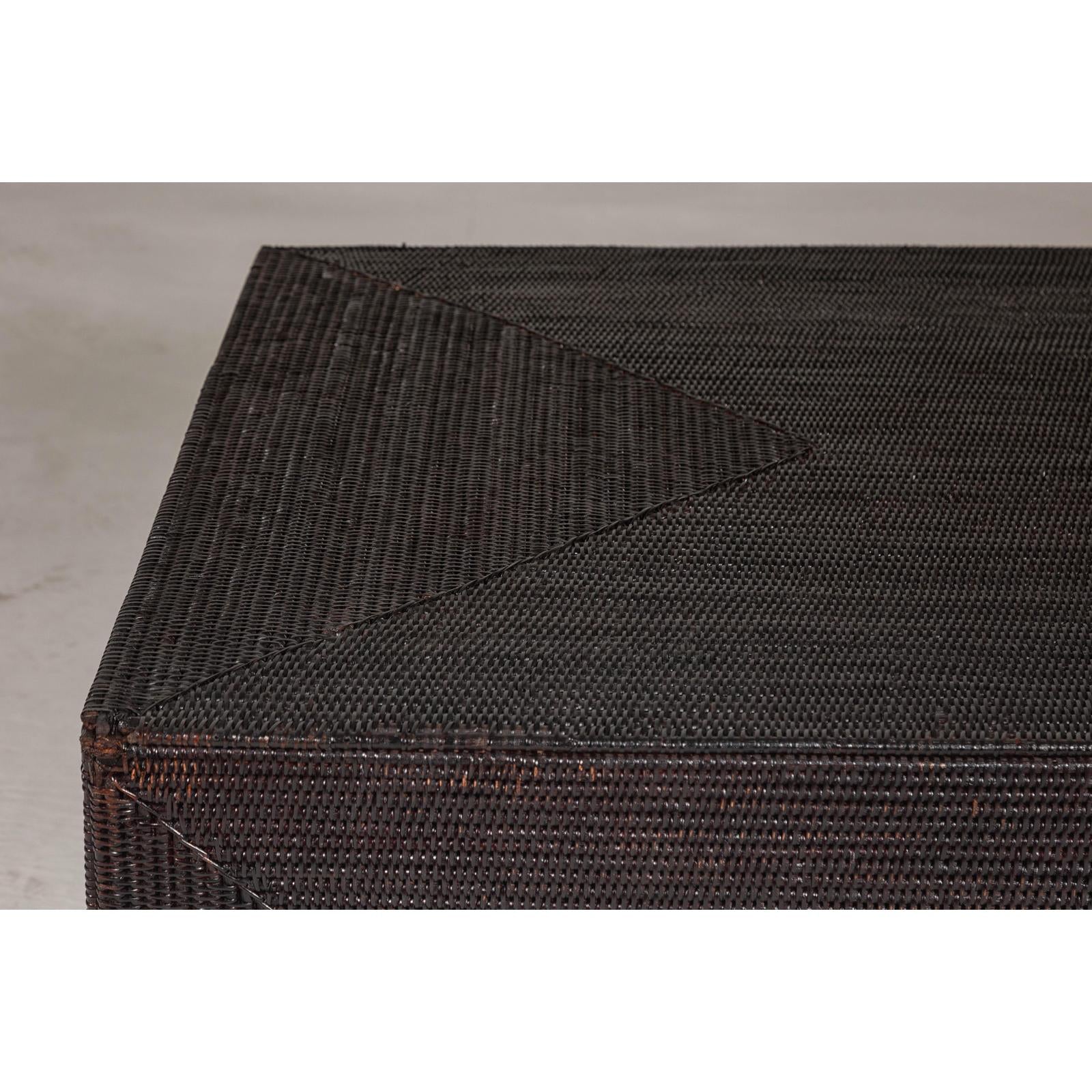 Woven Rattan Country Style Parsons Legs Coffee Table with Dark Brown Finish