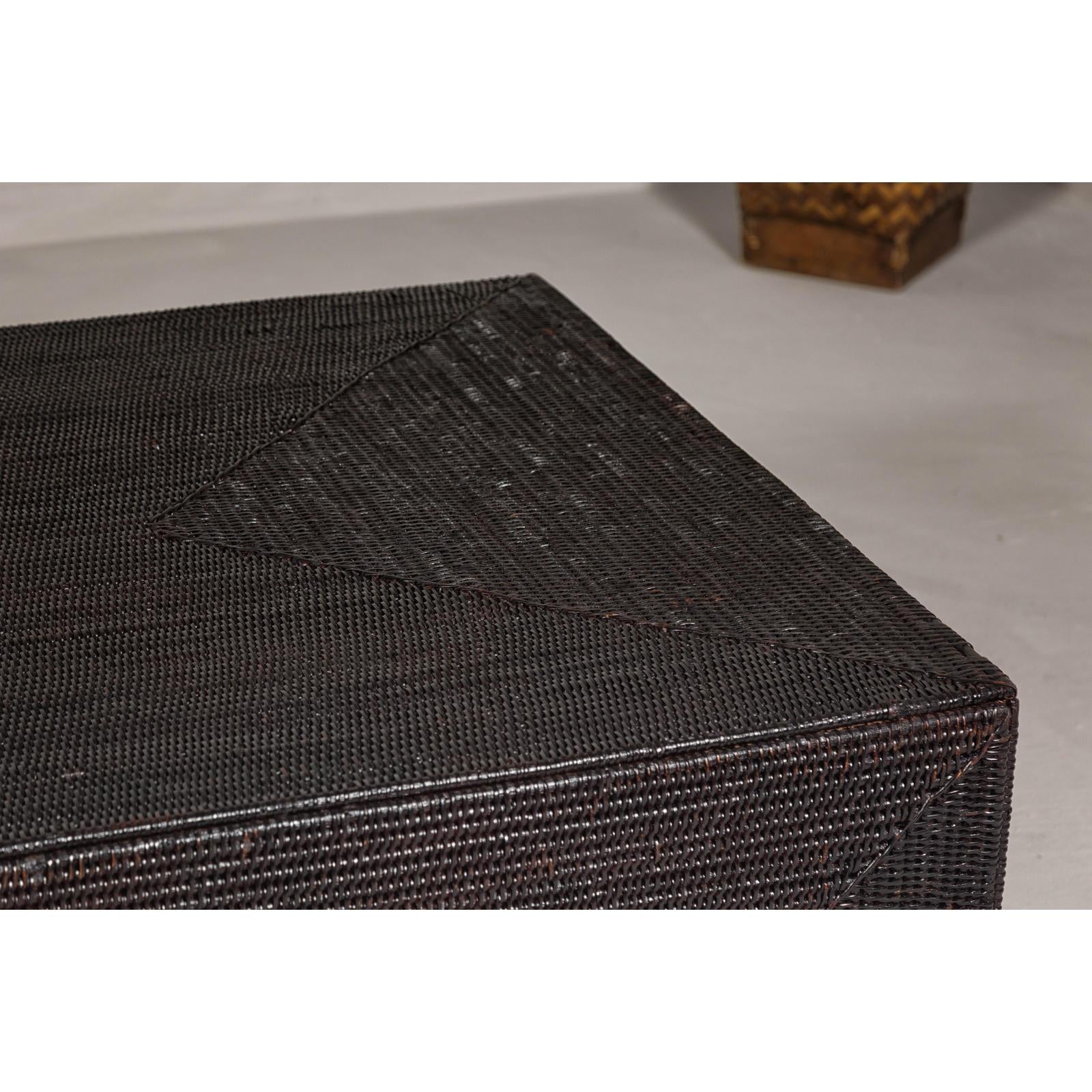 Woven Rattan Country Style Parsons Legs Coffee Table with Dark Brown Finish