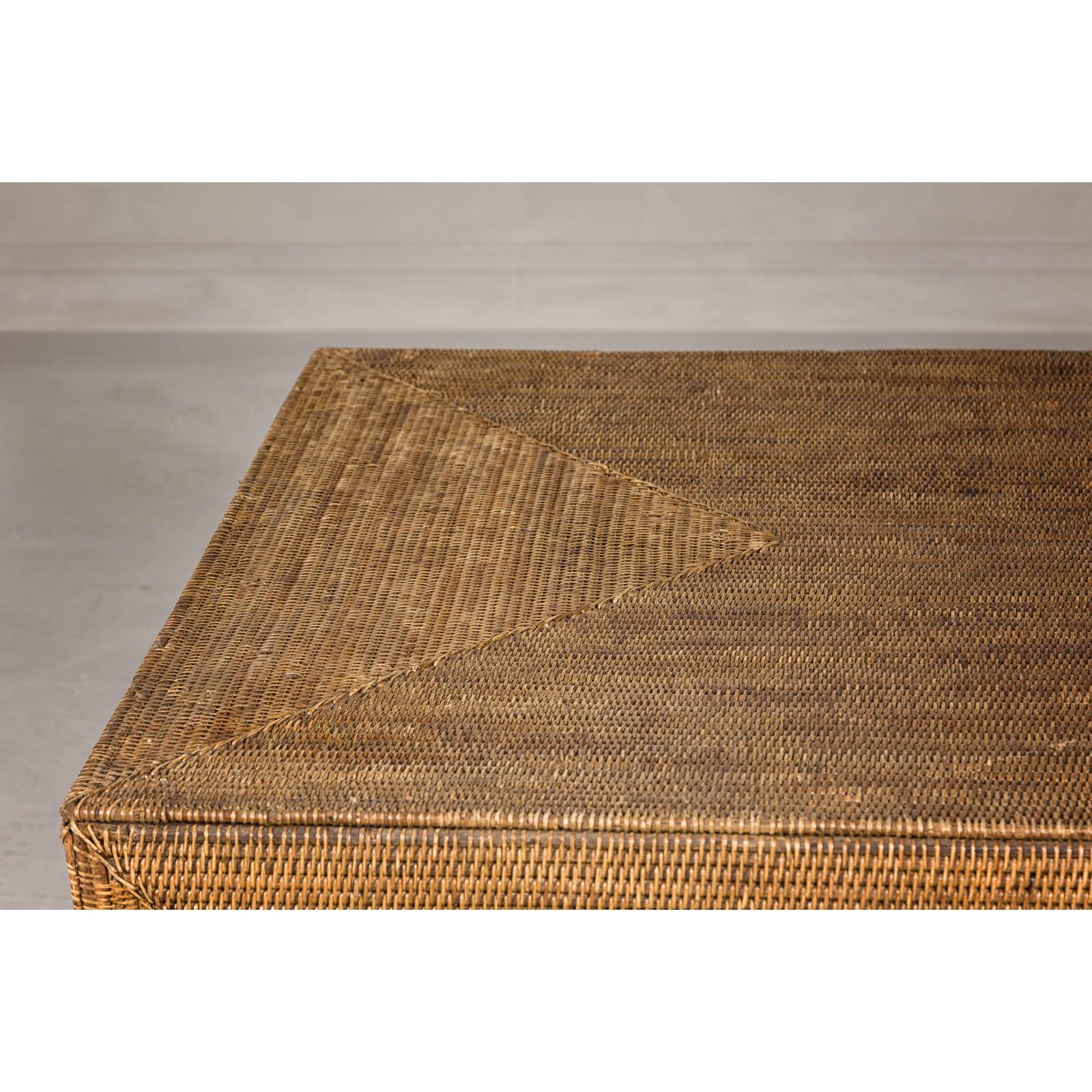 Country Style Woven Rattan on Wooden Core Light Brown Parsons Leg Coffee Table