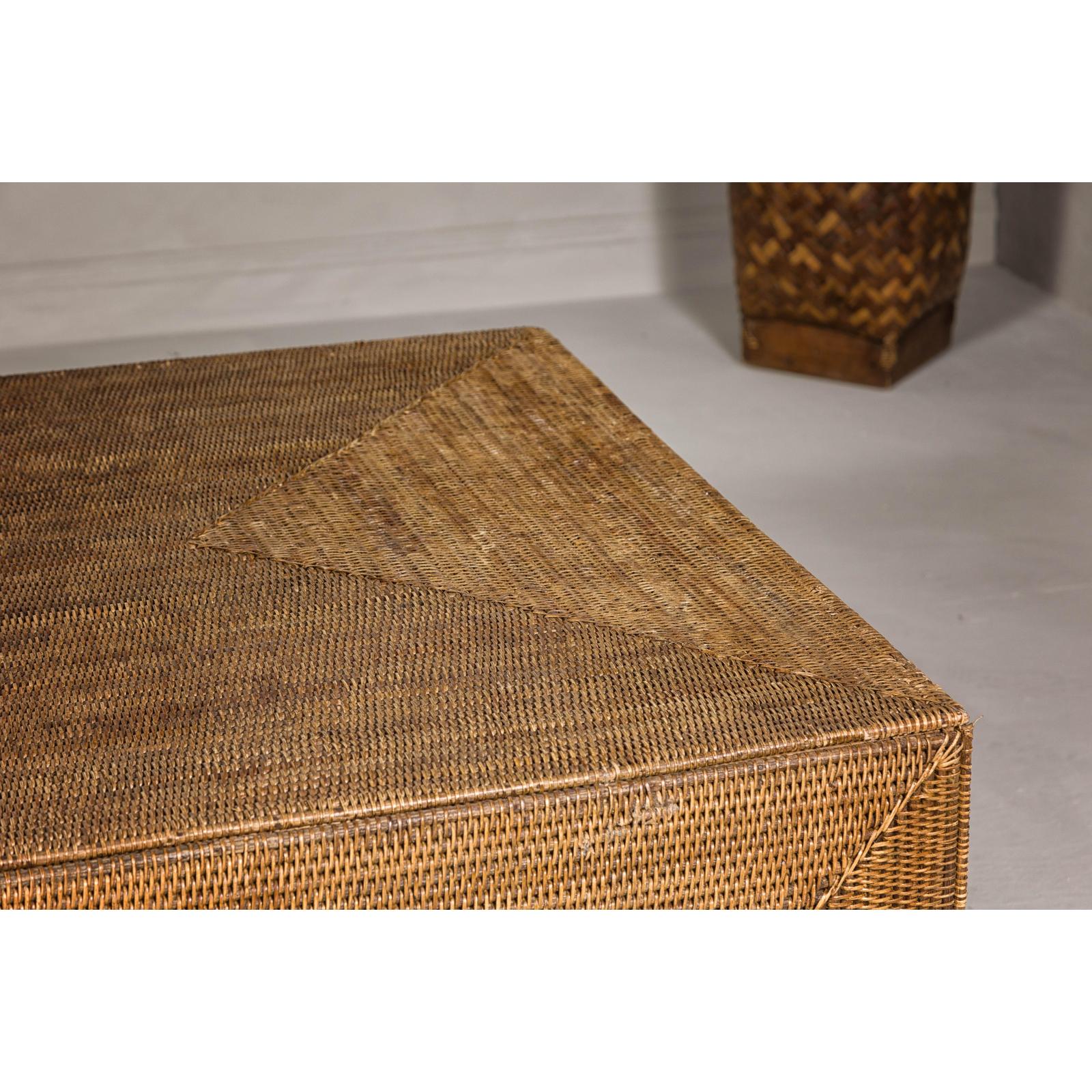 Country Style Woven Rattan on Wooden Core Light Brown Parsons Leg Coffee Table