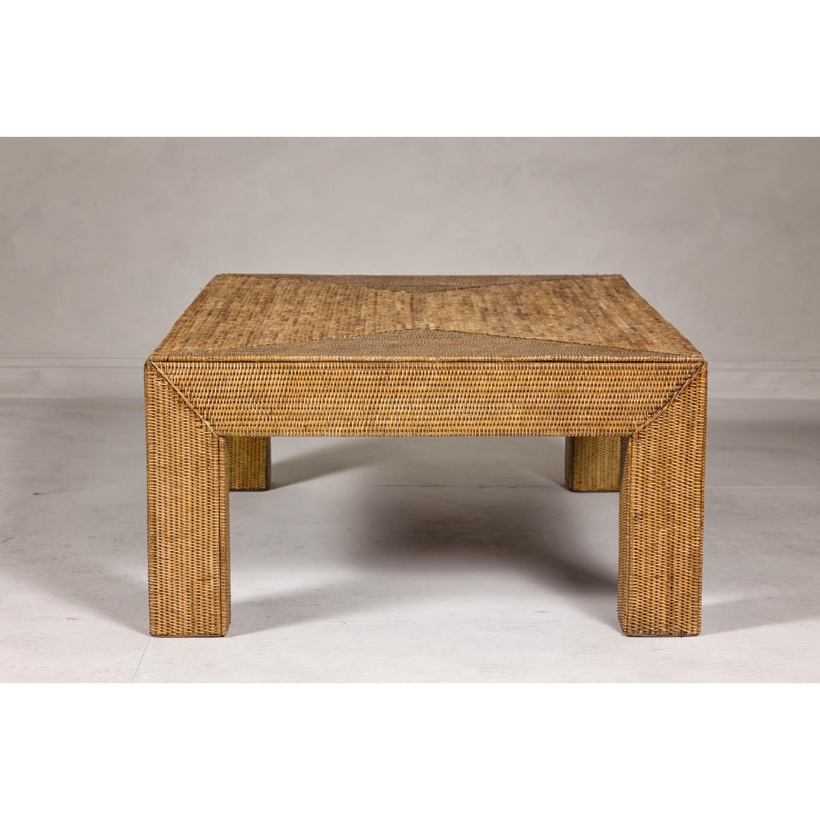 Country Style Woven Rattan on Wooden Core Light Brown Parsons Leg Coffee Table