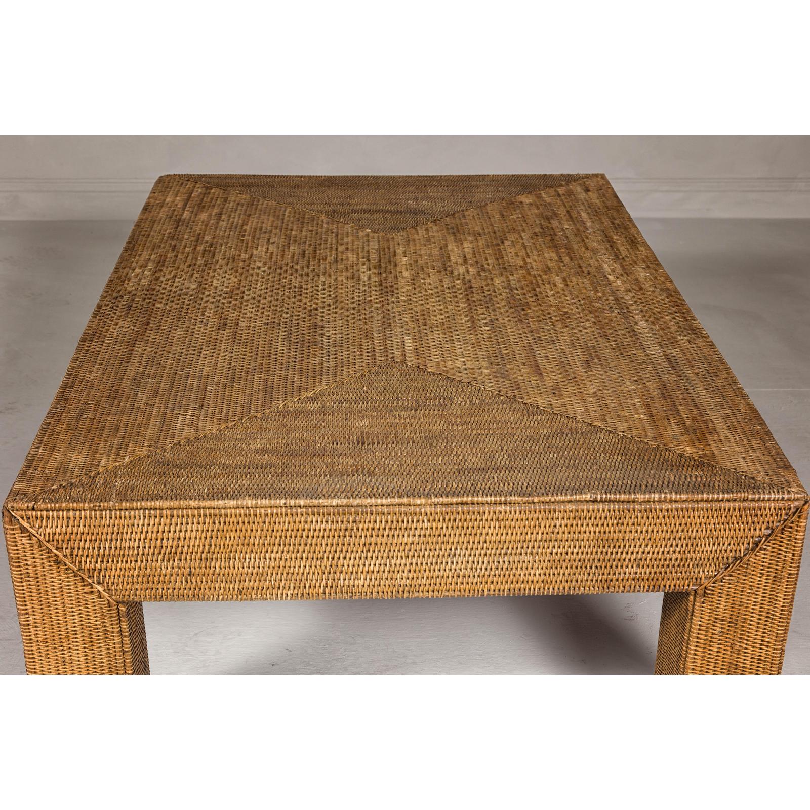 Country Style Woven Rattan on Wooden Core Light Brown Parsons Leg Coffee Table