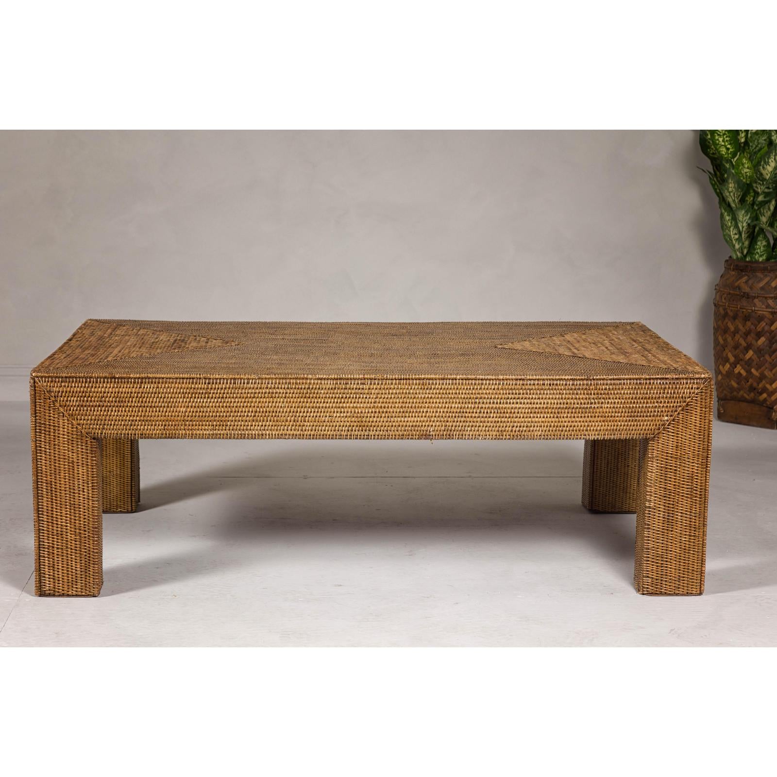 Country Style Woven Rattan on Wooden Core Light Brown Parsons Leg Coffee Table