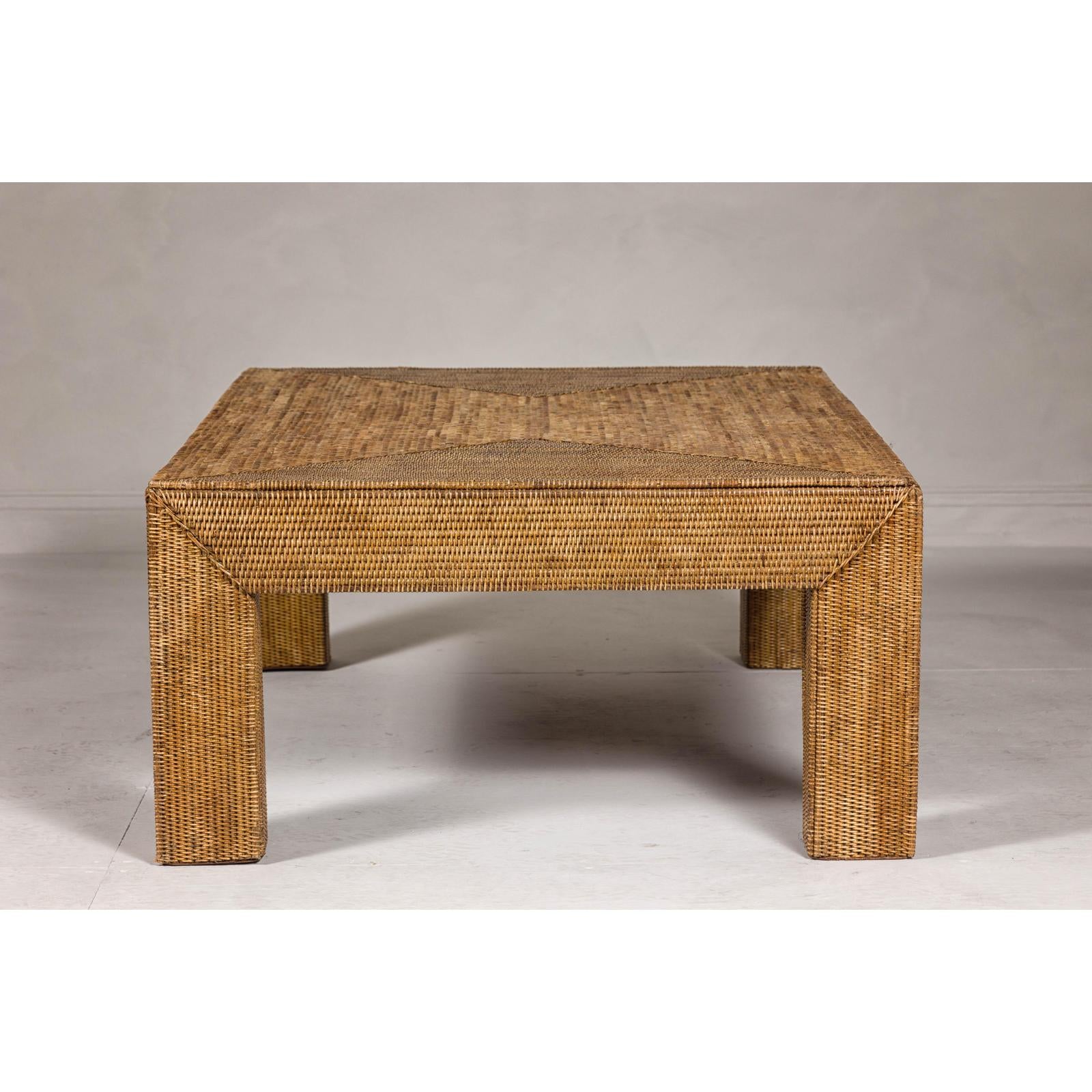 Country Style Woven Rattan on Wooden Core Light Brown Parsons Leg Coffee Table