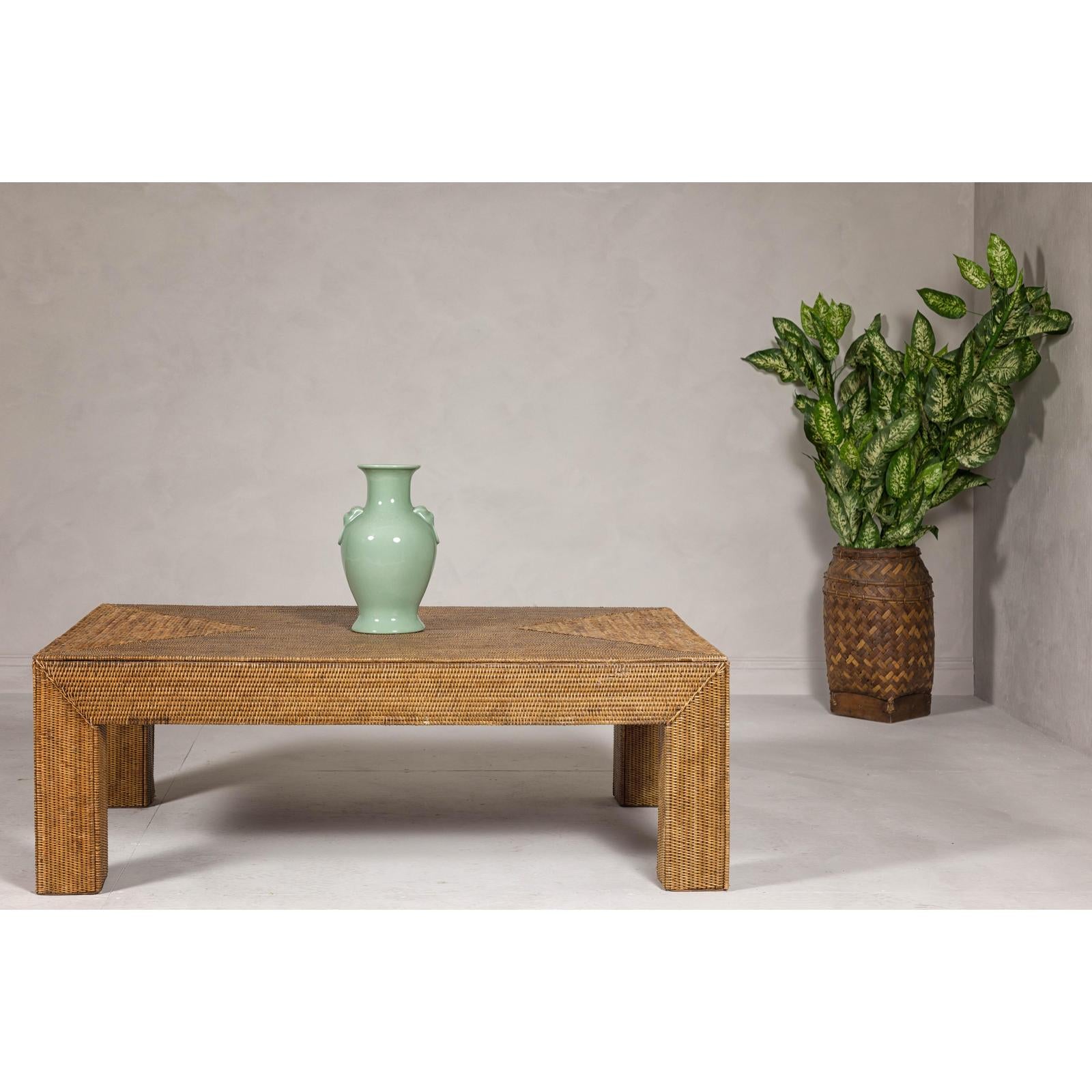 Country Style Woven Rattan on Wooden Core Light Brown Parsons Leg Coffee Table