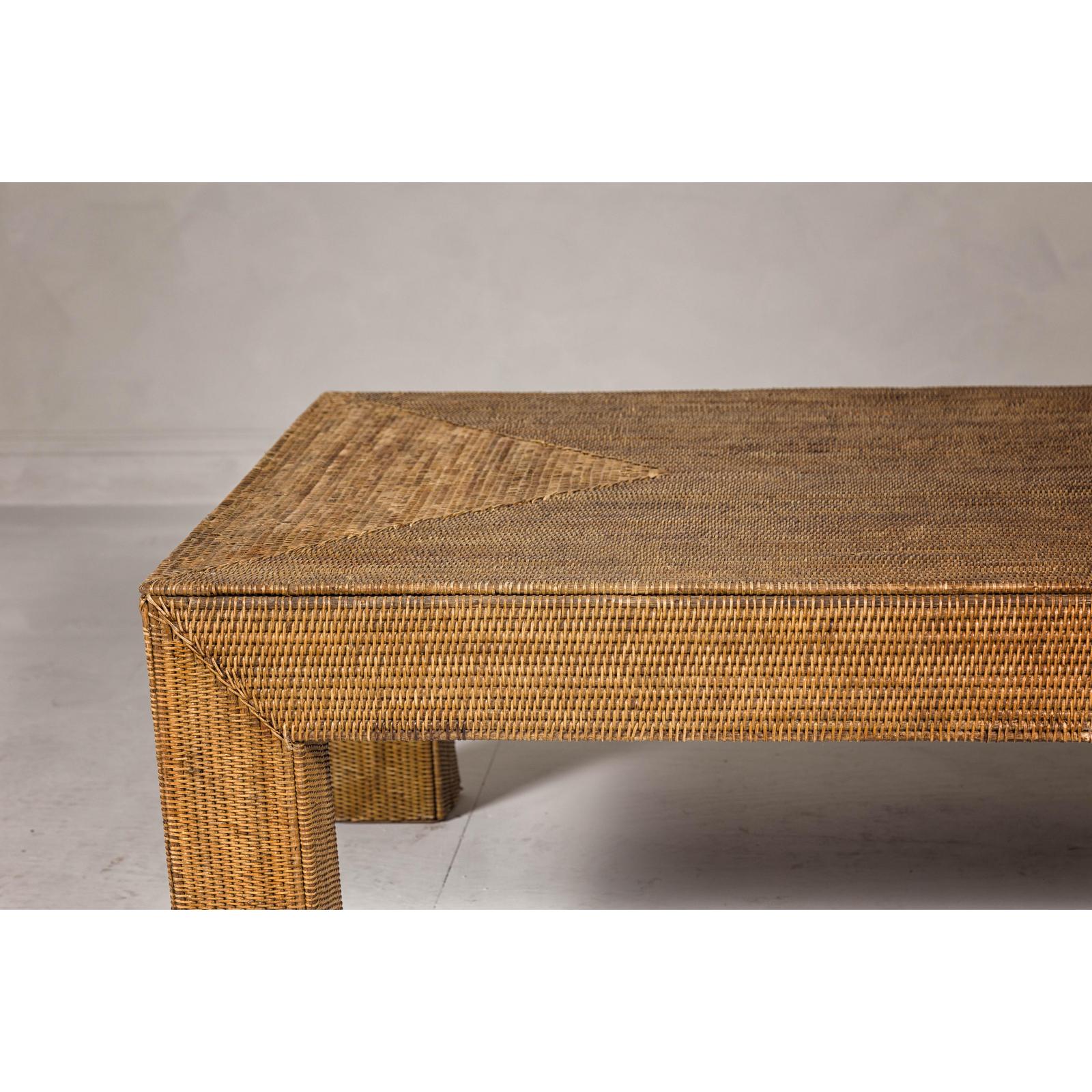 Country Style Woven Rattan on Wooden Core Light Brown Parsons Leg Coffee Table