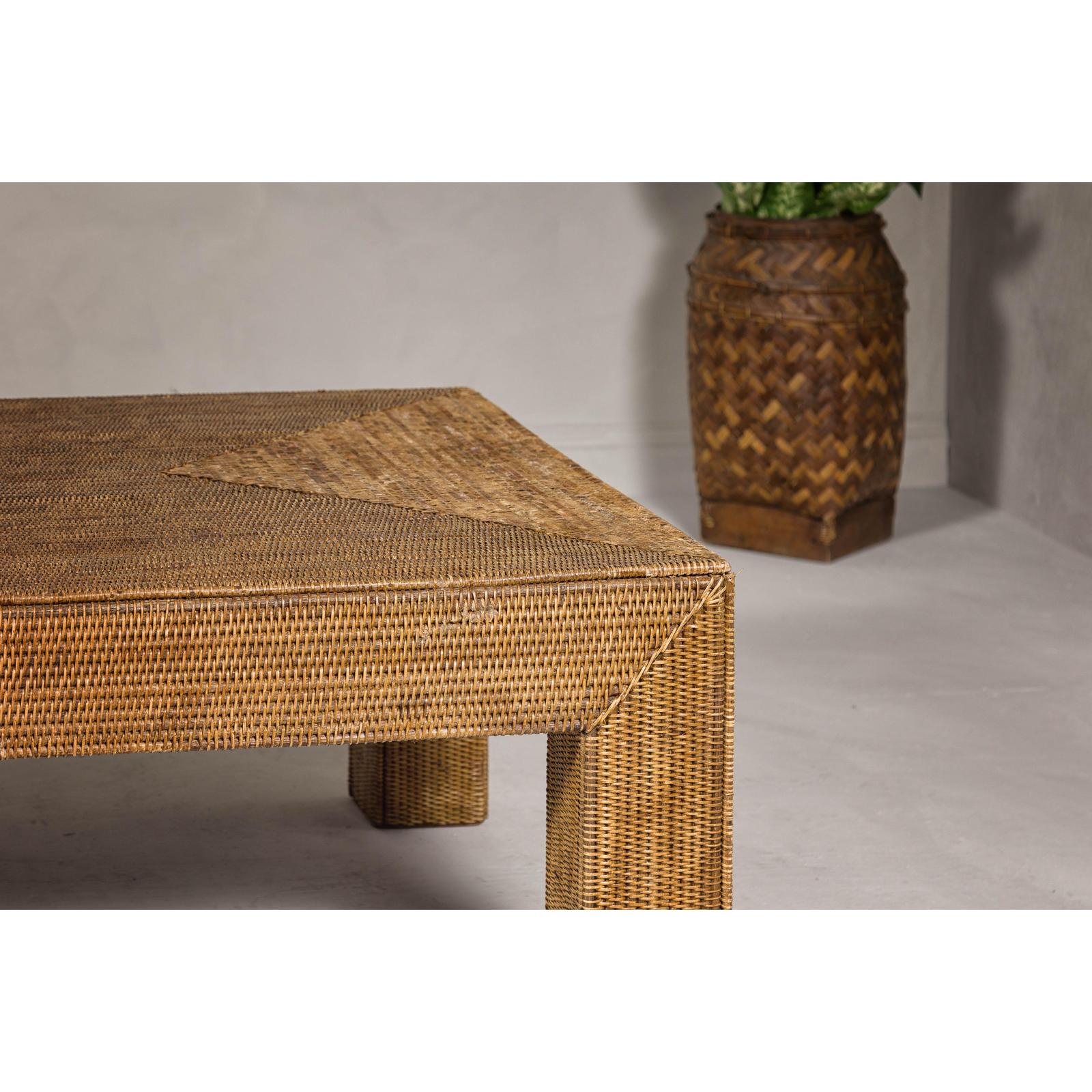 Country Style Woven Rattan on Wooden Core Light Brown Parsons Leg Coffee Table