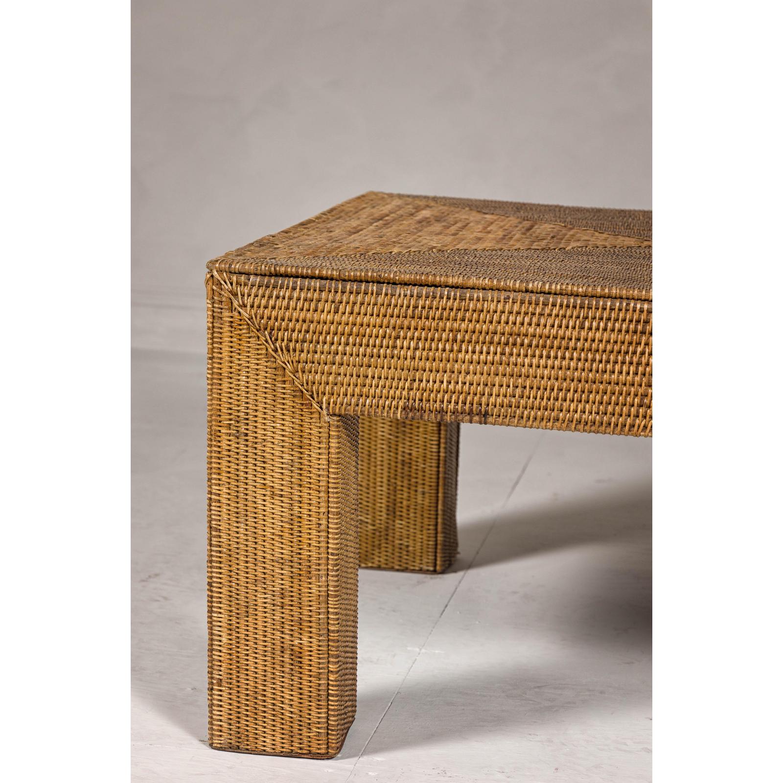 Country Style Woven Rattan on Wooden Core Light Brown Parsons Leg Coffee Table