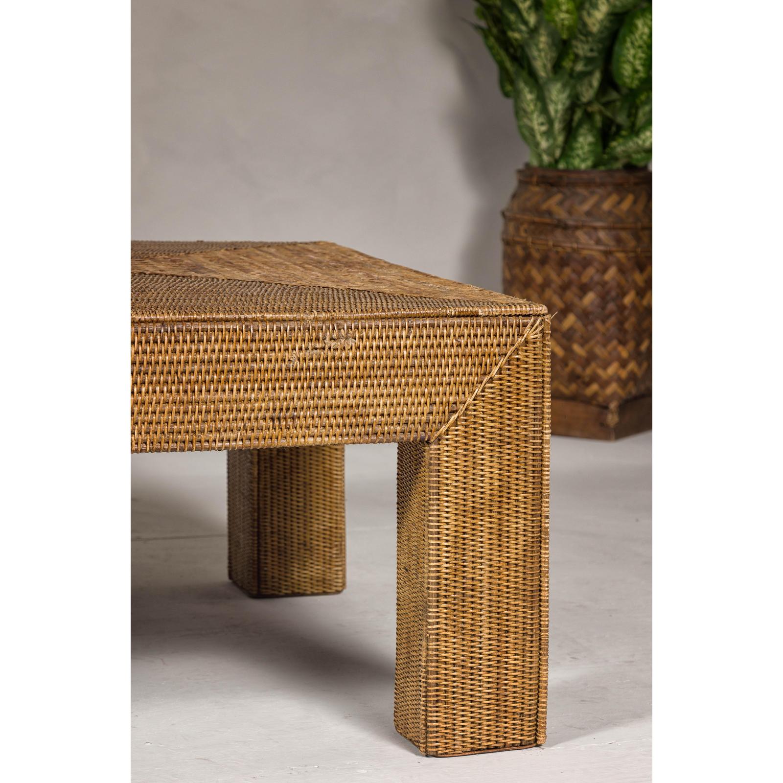 Country Style Woven Rattan on Wooden Core Light Brown Parsons Leg Coffee Table
