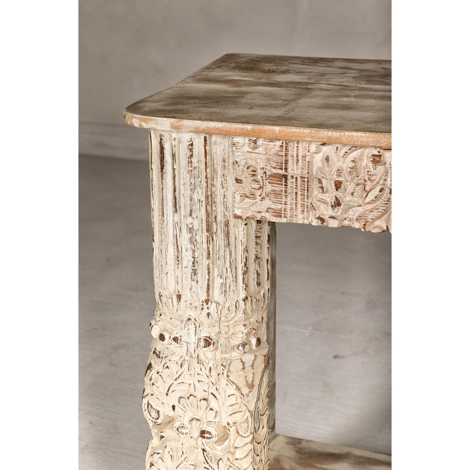 Mughal Style Whitewash Console Table with Carved Apron and Lower Shelf
