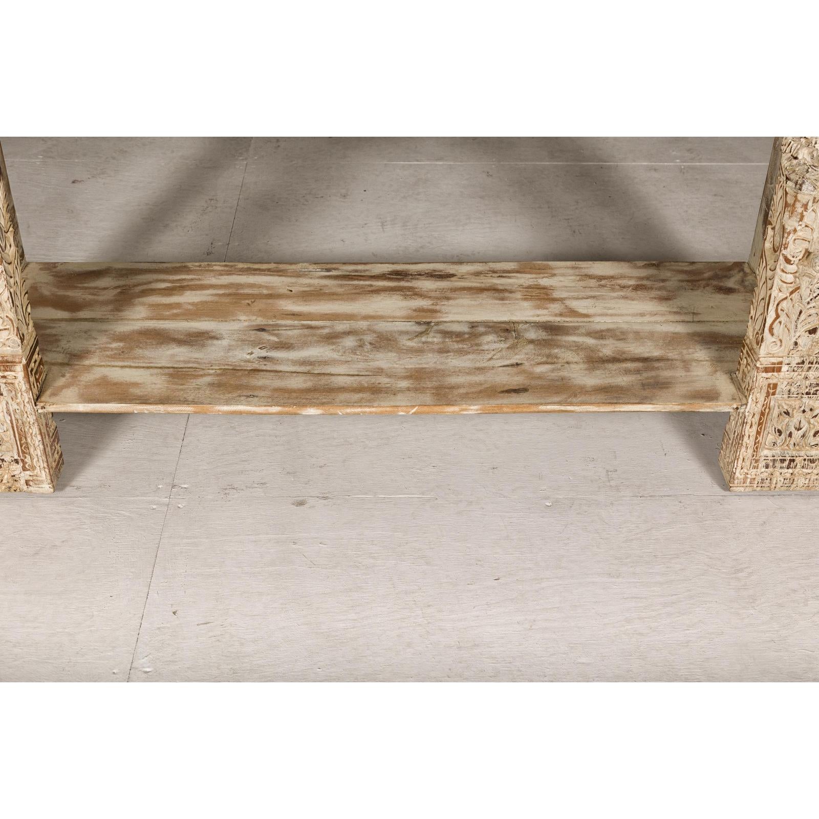 Mughal Style Whitewash Console Table with Carved Apron and Lower Shelf