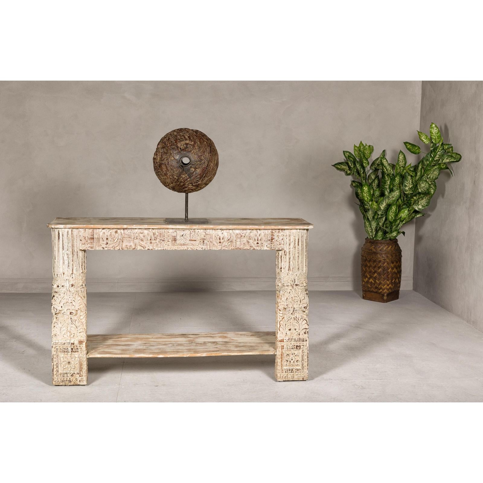 Mughal Style Whitewash Console Table with Carved Apron and Lower Shelf