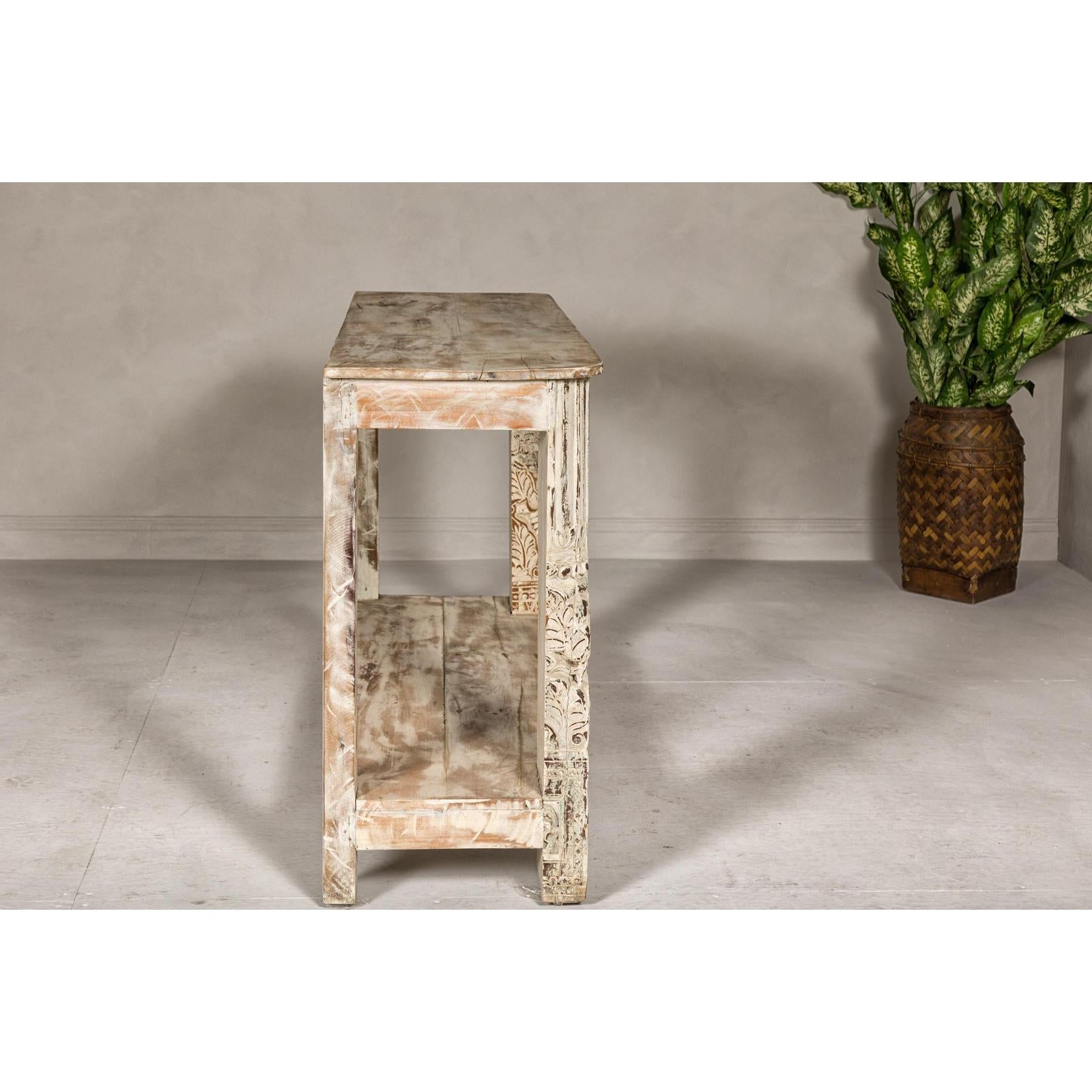 Mughal Style Whitewash Console Table with Carved Apron and Lower Shelf