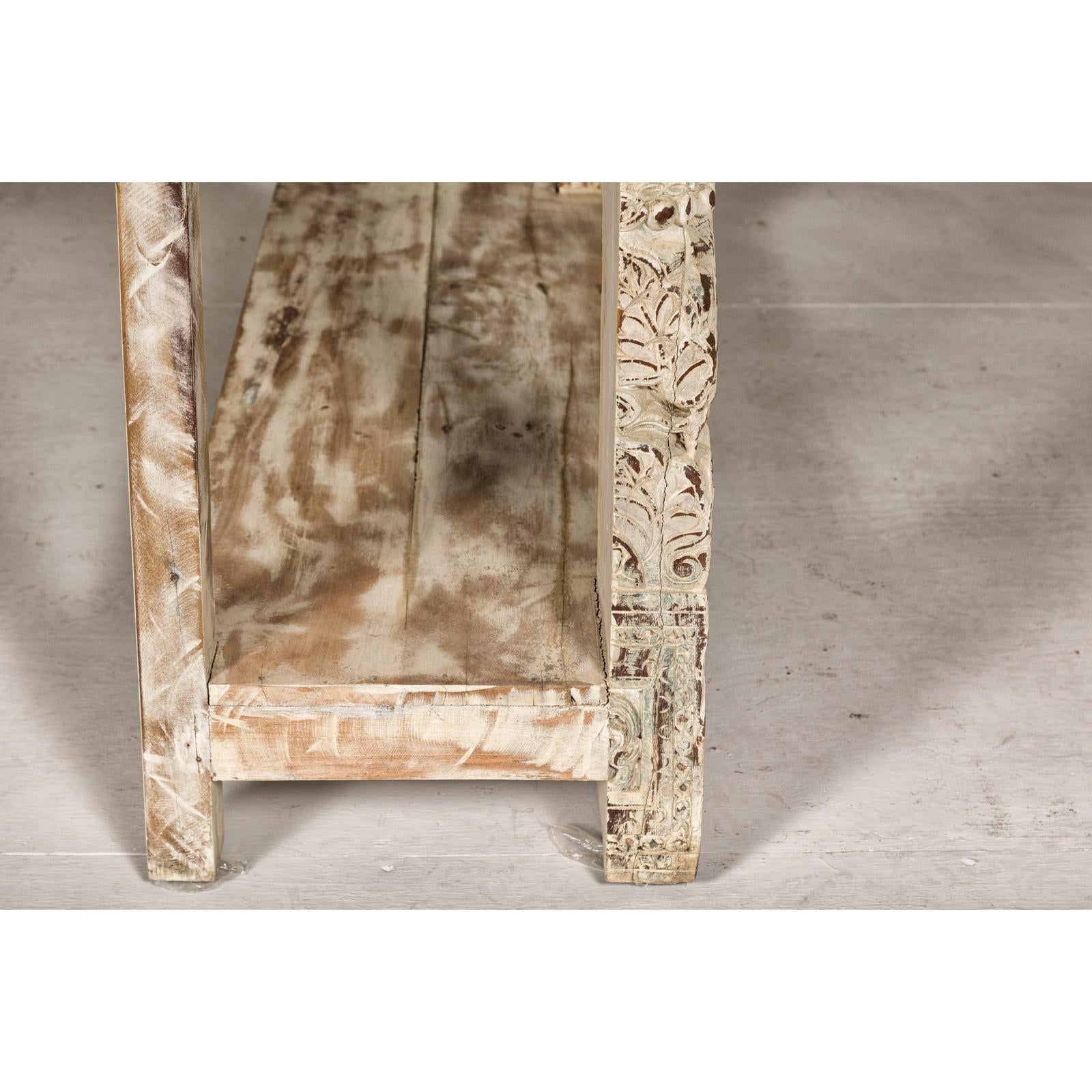 Mughal Style Whitewash Console Table with Carved Apron and Lower Shelf