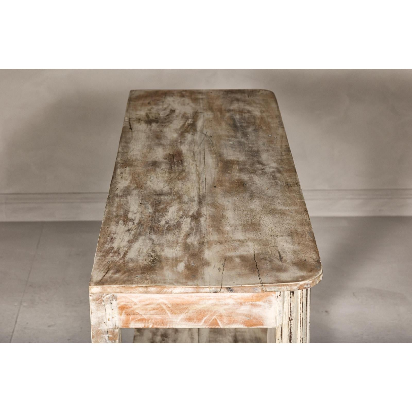 Mughal Style Whitewash Console Table with Carved Apron and Lower Shelf