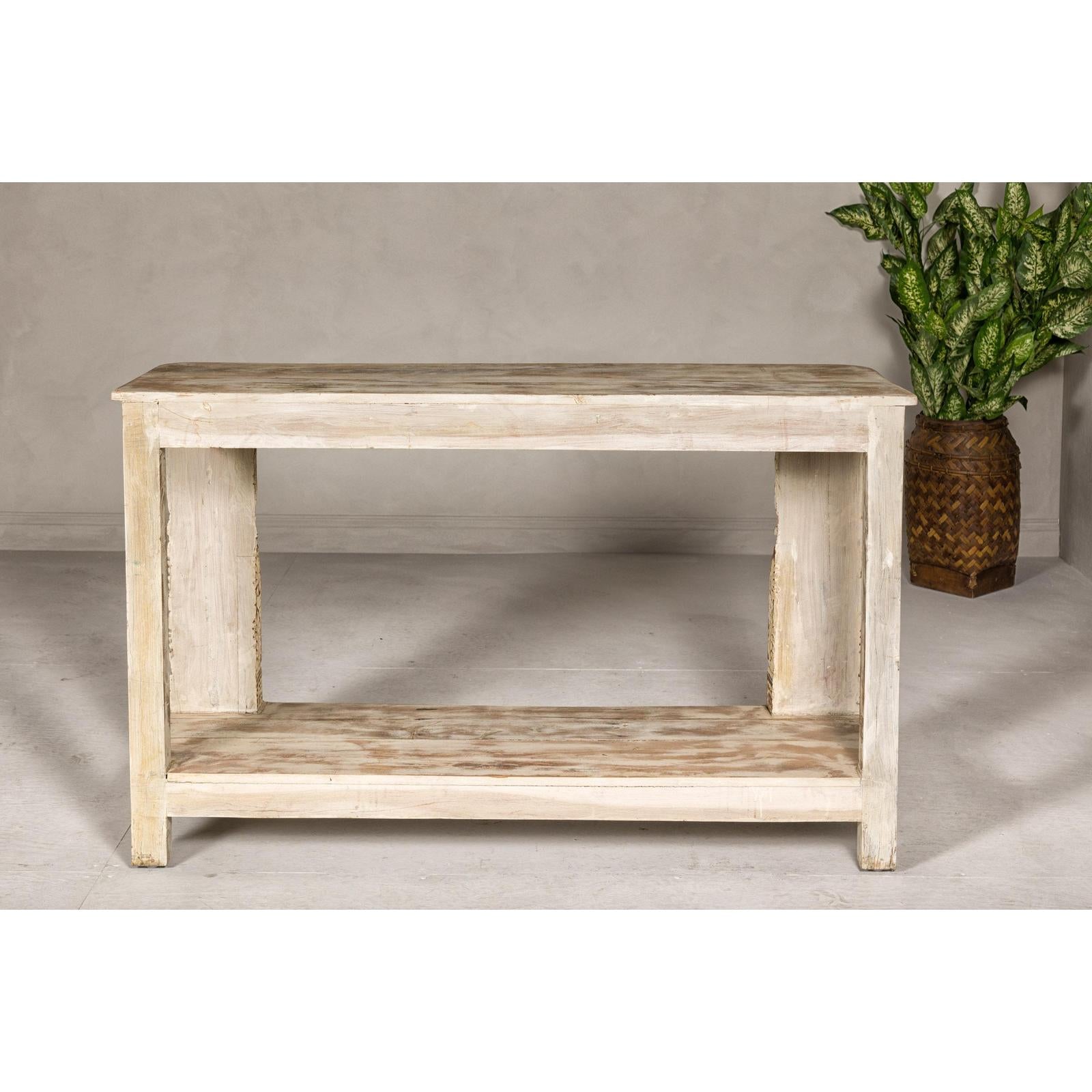 Mughal Style Whitewash Console Table with Carved Apron and Lower Shelf