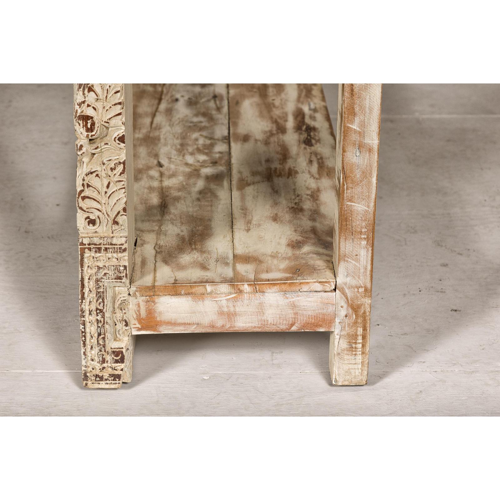 Mughal Style Whitewash Console Table with Carved Apron and Lower Shelf