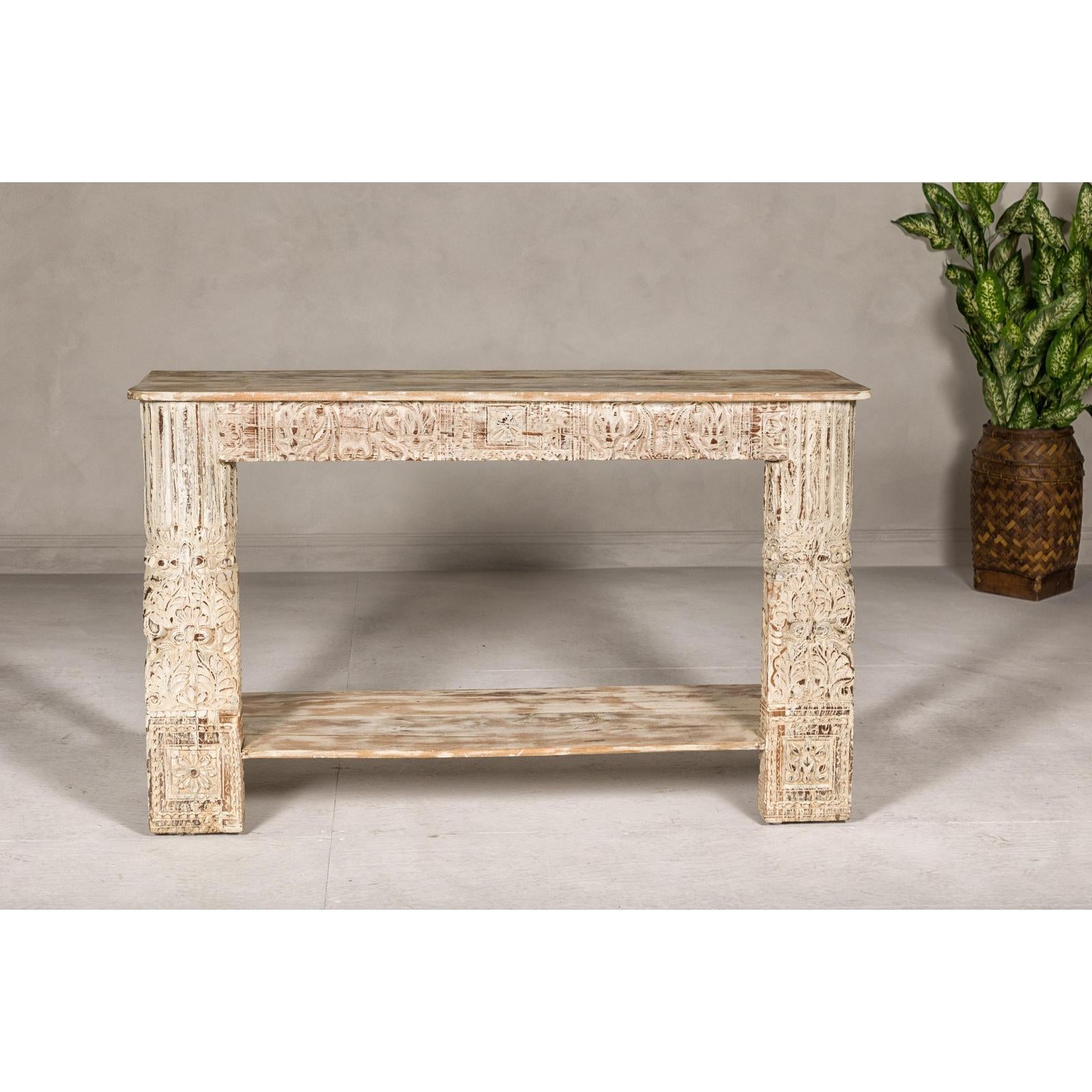 Mughal Style Whitewash Console Table with Carved Apron and Lower Shelf
