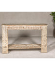 Mughal Style Whitewash Console Table with Carved Apron and Lower Shelf