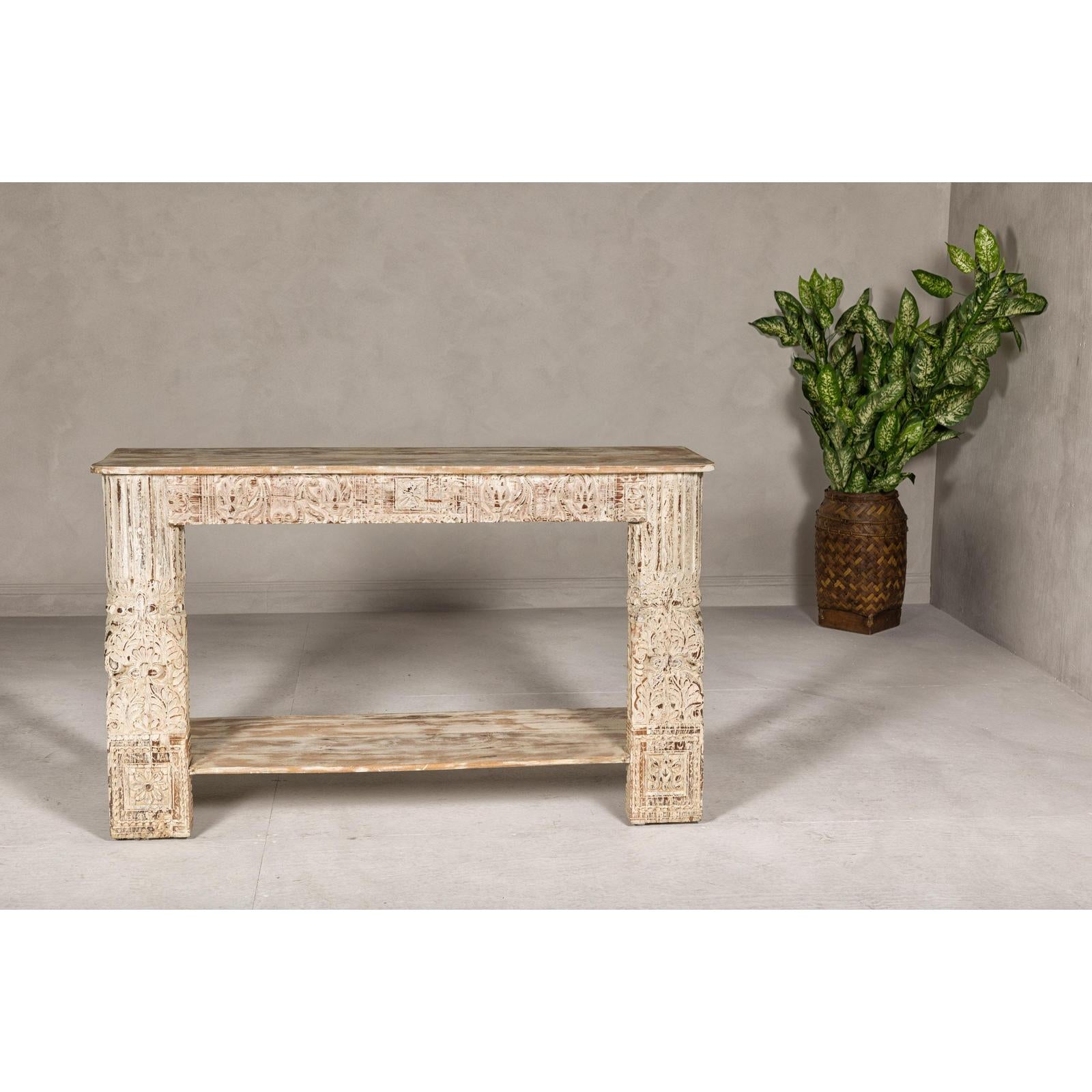 Mughal Style Whitewash Console Table with Carved Apron and Lower Shelf