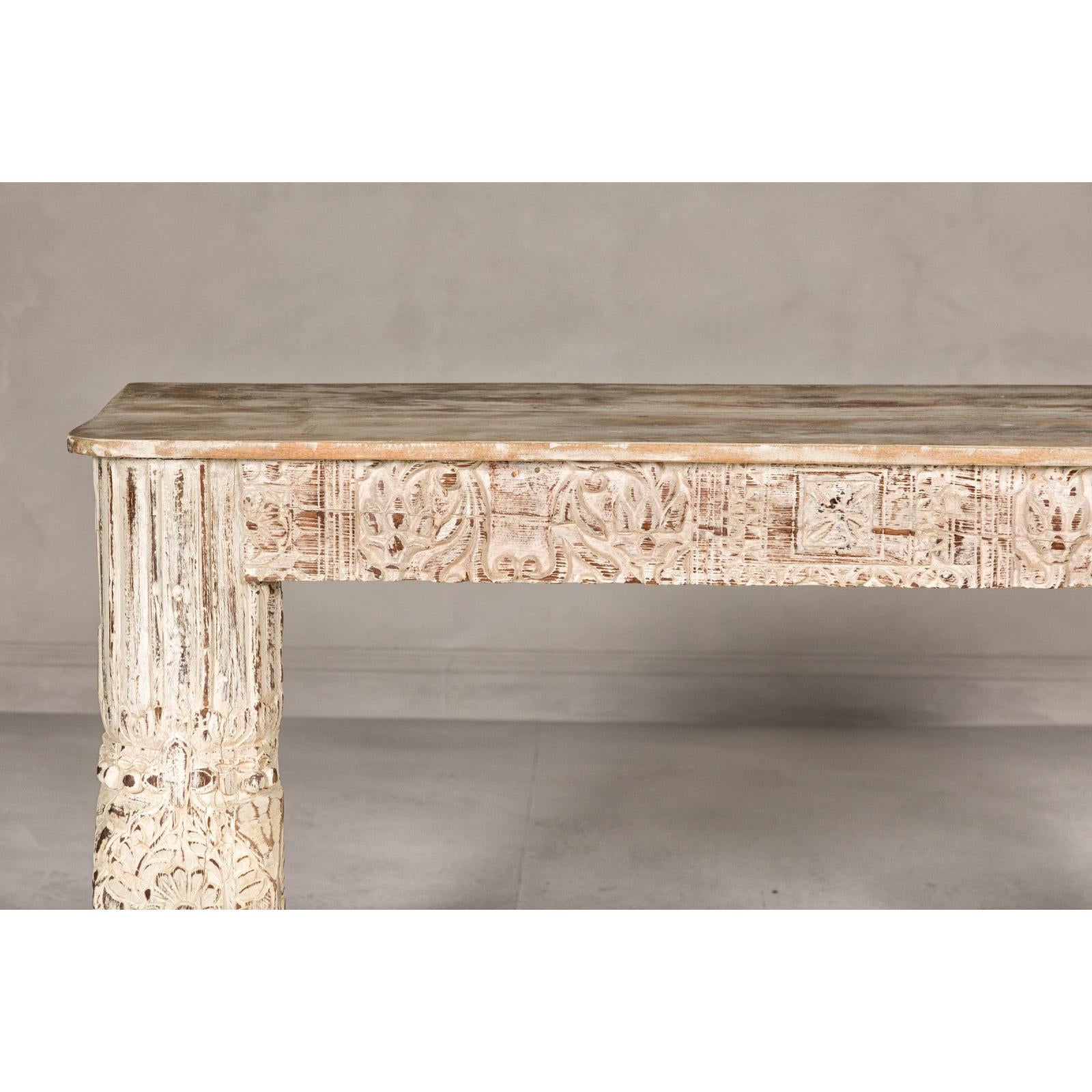 Mughal Style Whitewash Console Table with Carved Apron and Lower Shelf