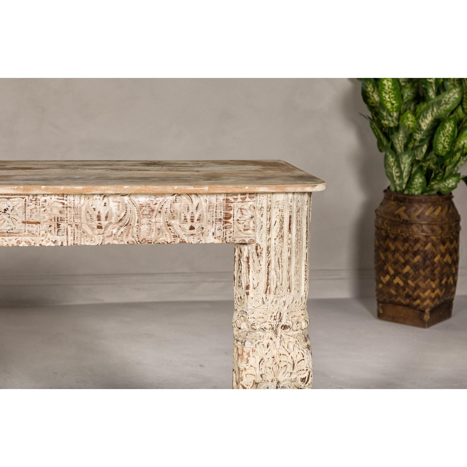 Mughal Style Whitewash Console Table with Carved Apron and Lower Shelf