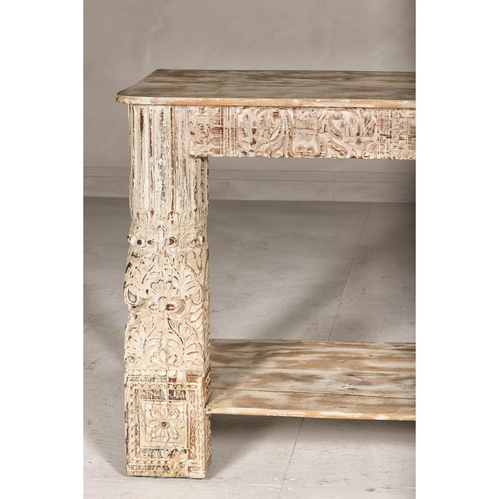 Mughal Style Whitewash Console Table with Carved Apron and Lower Shelf