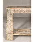 Mughal Style Whitewash Console Table with Carved Apron and Lower Shelf