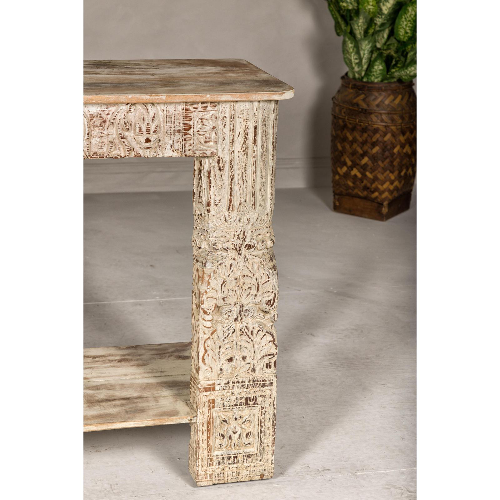 Mughal Style Whitewash Console Table with Carved Apron and Lower Shelf