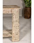 Mughal Style Whitewash Console Table with Carved Apron and Lower Shelf