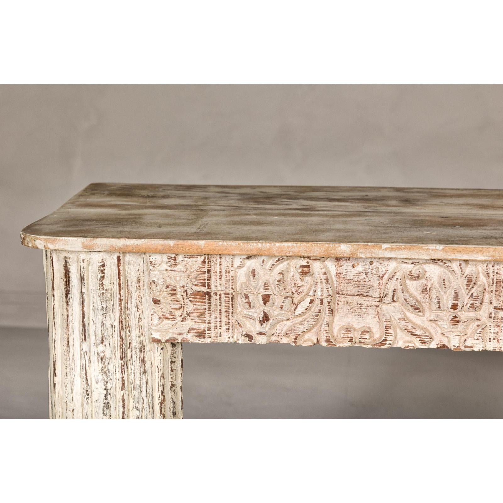 Mughal Style Whitewash Console Table with Carved Apron and Lower Shelf
