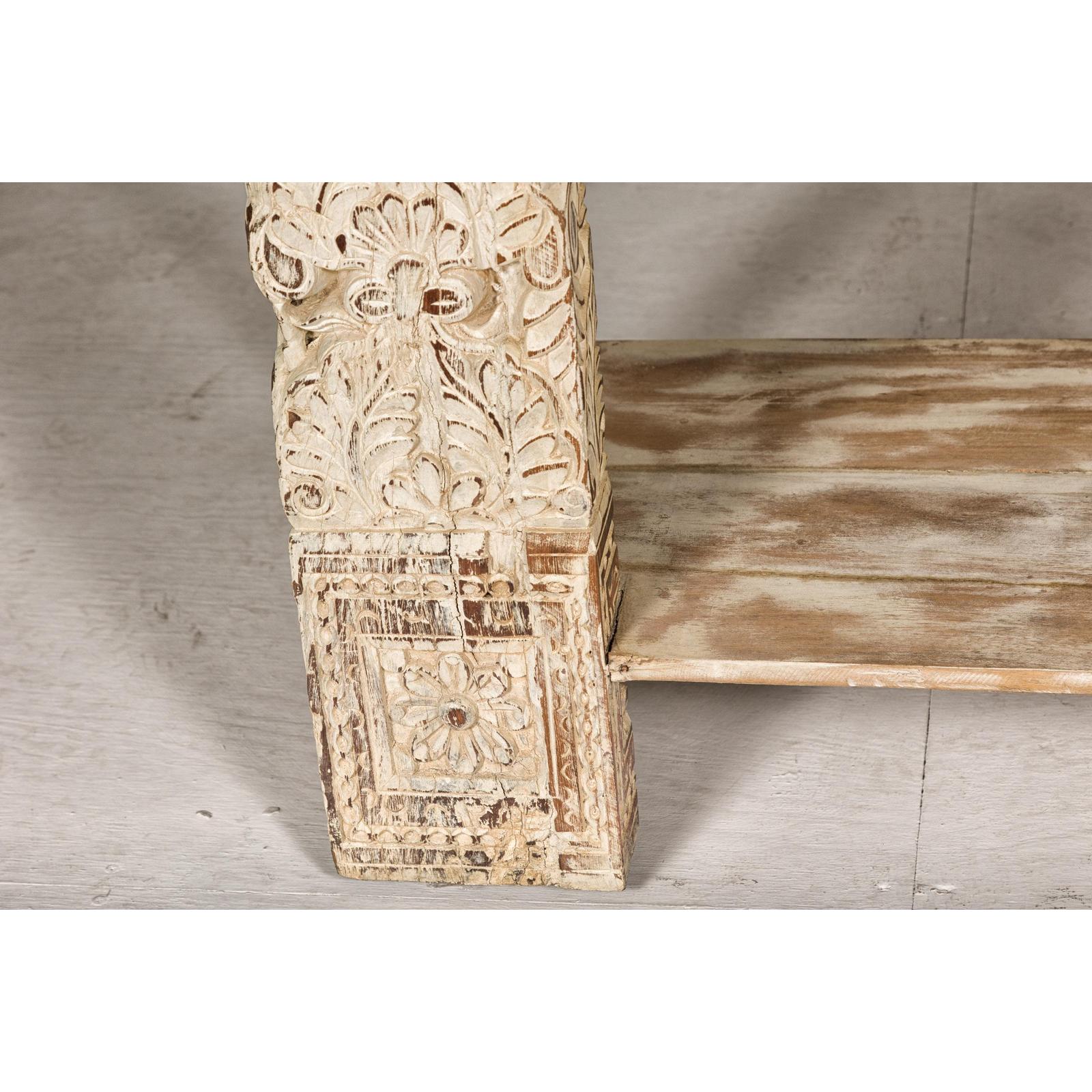 Mughal Style Whitewash Console Table with Carved Apron and Lower Shelf