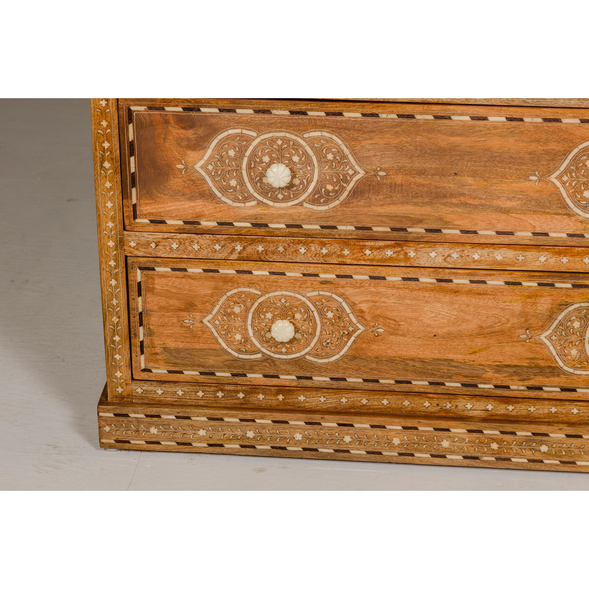 Anglo Indian Style Mango Wood Chest with Four Drawers and Floral Bone Inlay-7. Asian & Chinese Furniture, Art, Antiques, Vintage Home Décor for sale at FEA Home