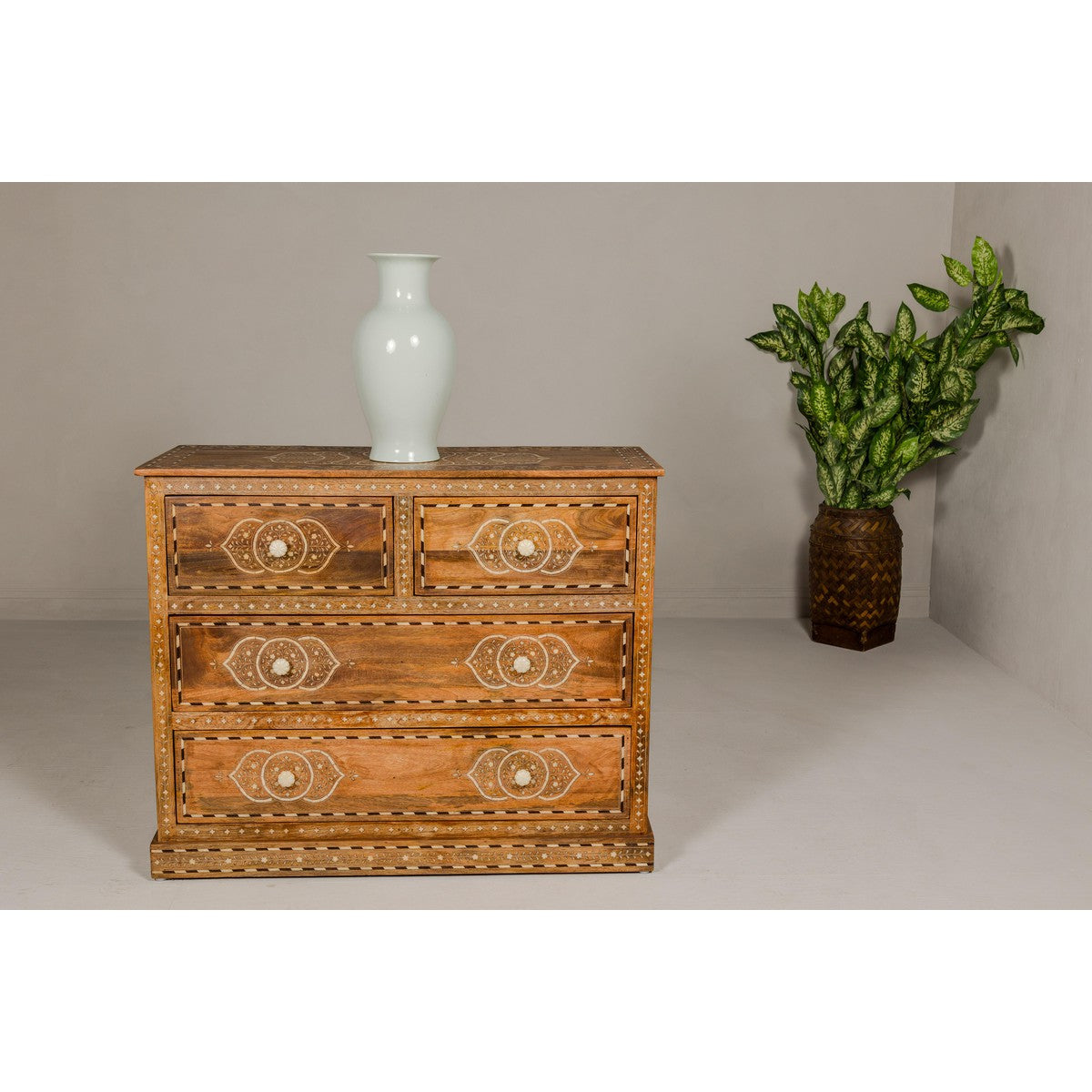 Anglo Indian Style Mango Wood Chest with Four Drawers and Floral Bone Inlay-9. Asian & Chinese Furniture, Art, Antiques, Vintage Home Décor for sale at FEA Home