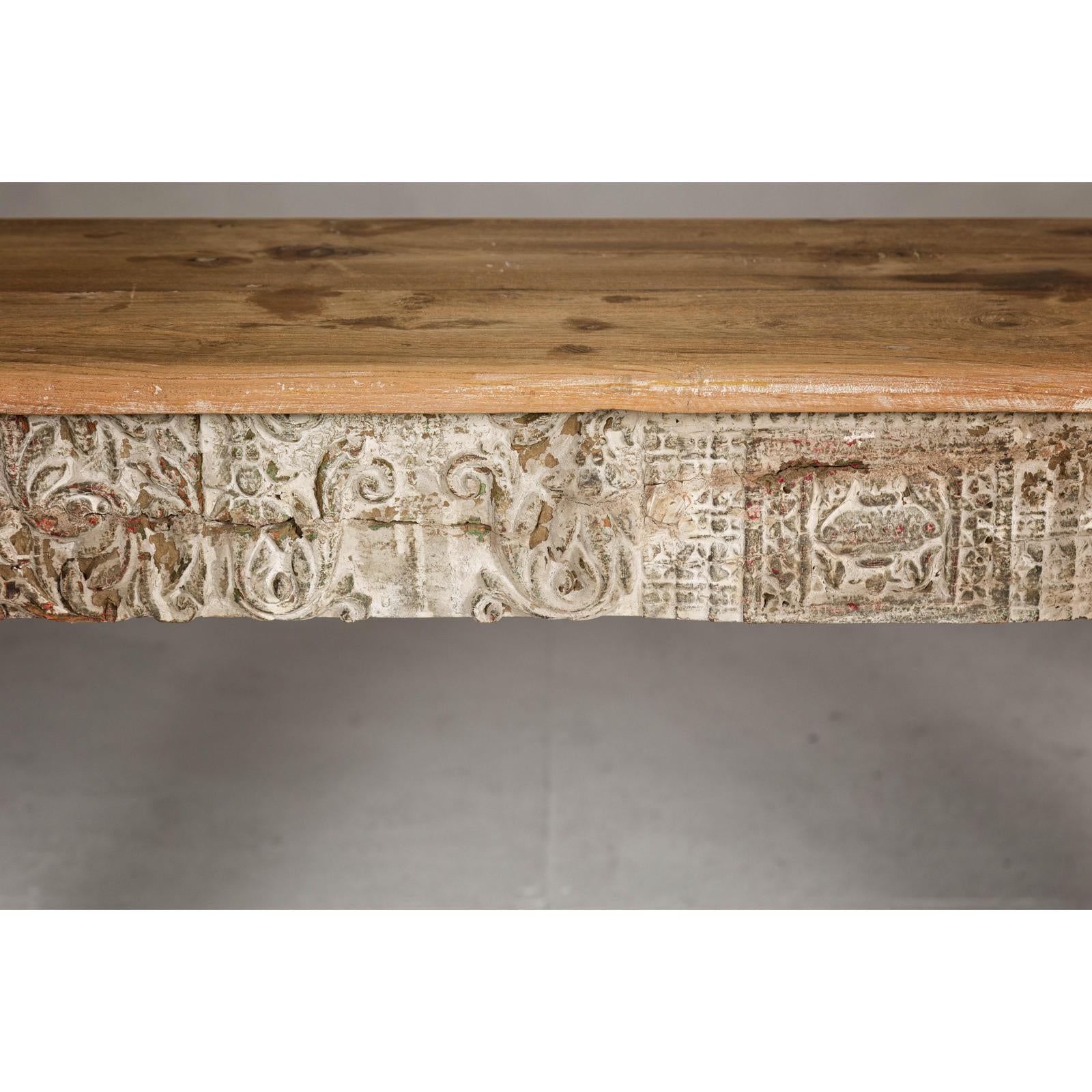 Mughal Style Whitewash Console Table with Foliage Carved Apron and Legs
