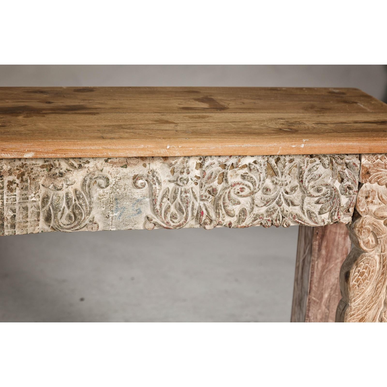 Mughal Style Whitewash Console Table with Foliage Carved Apron and Legs
