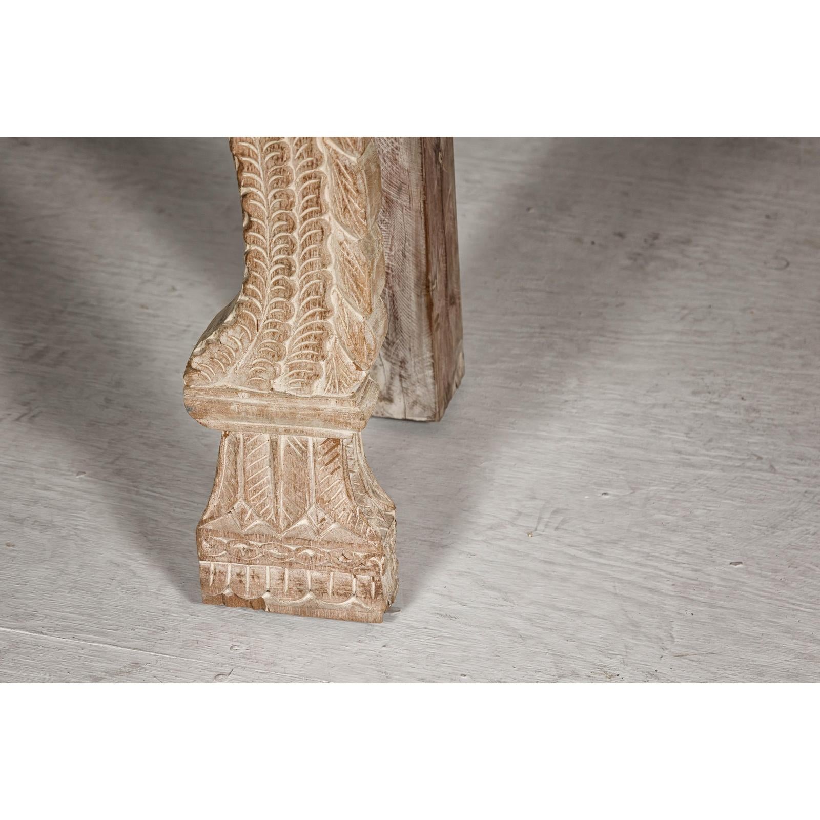 Mughal Style Whitewash Console Table with Foliage Carved Apron and Legs