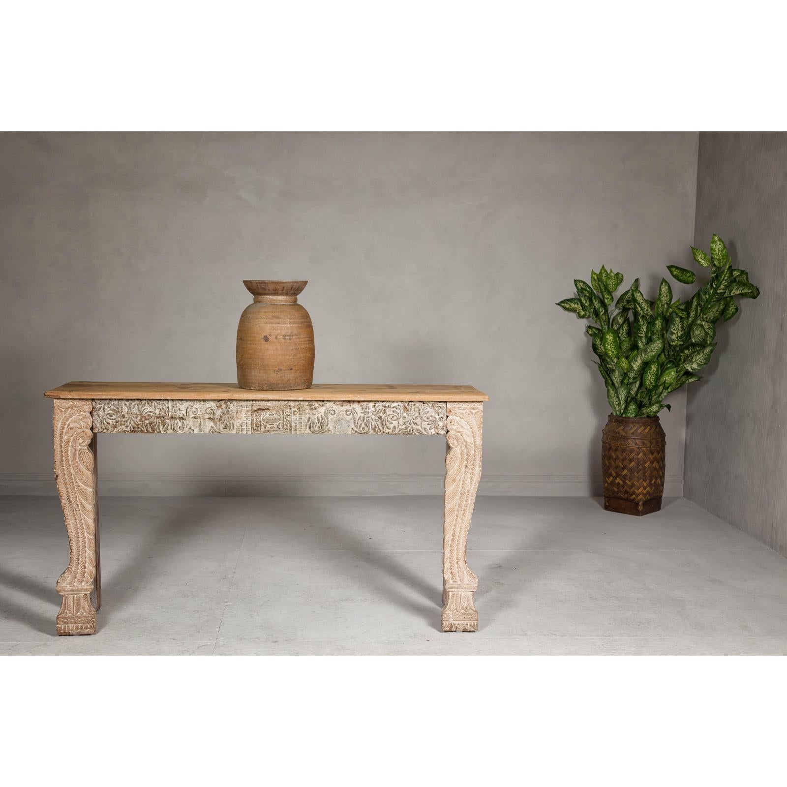 Mughal Style Whitewash Console Table with Foliage Carved Apron and Legs