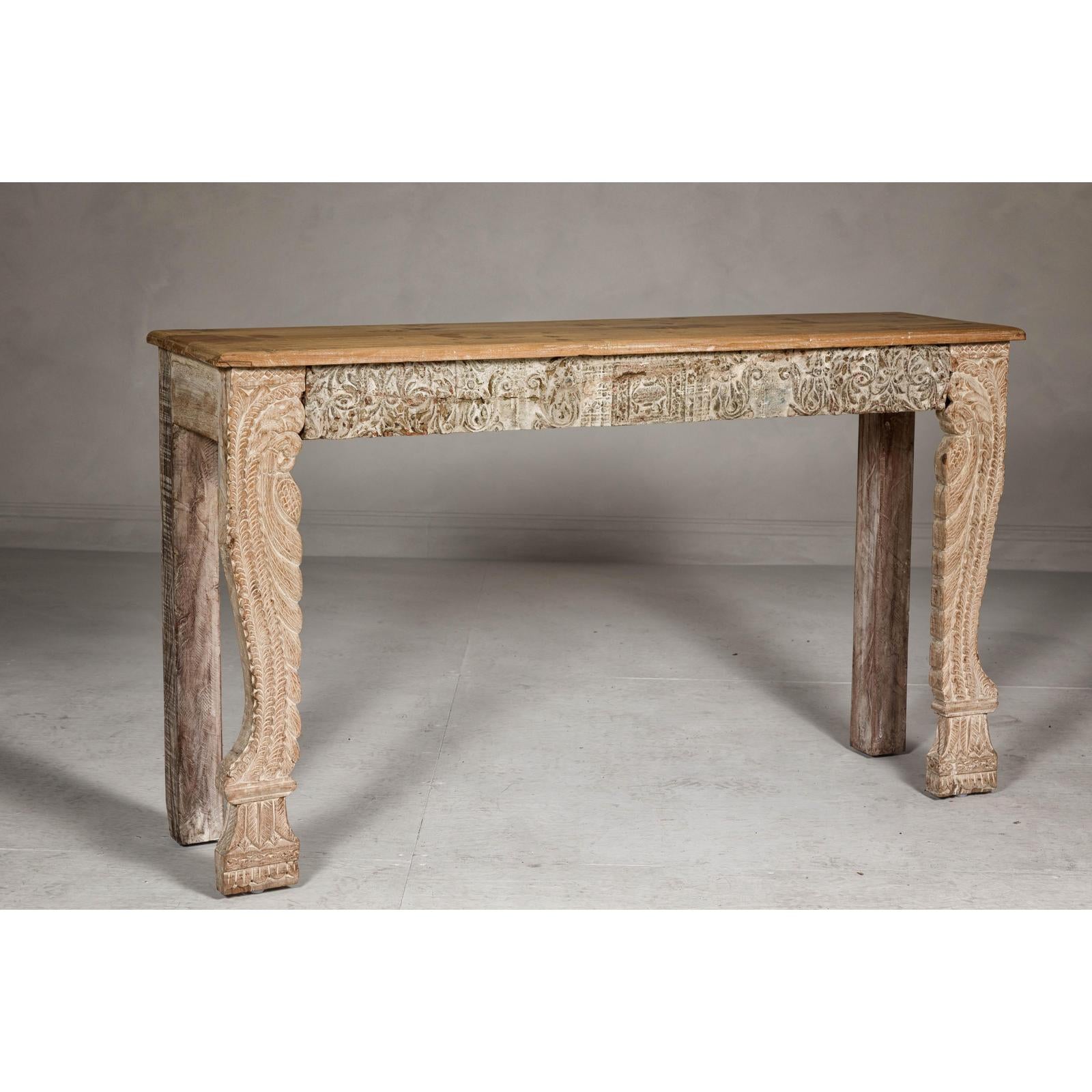 Mughal Style Whitewash Console Table with Foliage Carved Apron and Legs